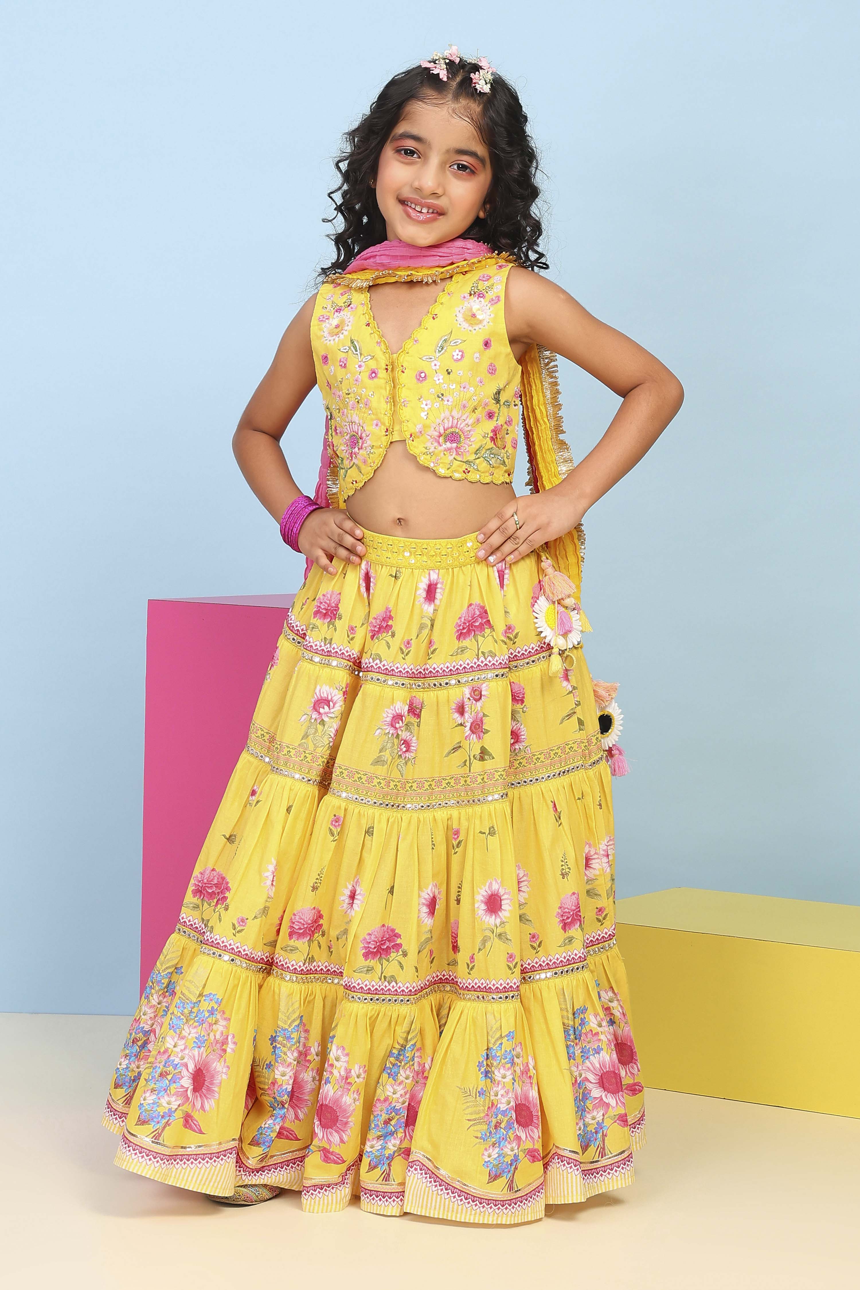 Yellow Cotton Tiered Lehenga Set image number 5