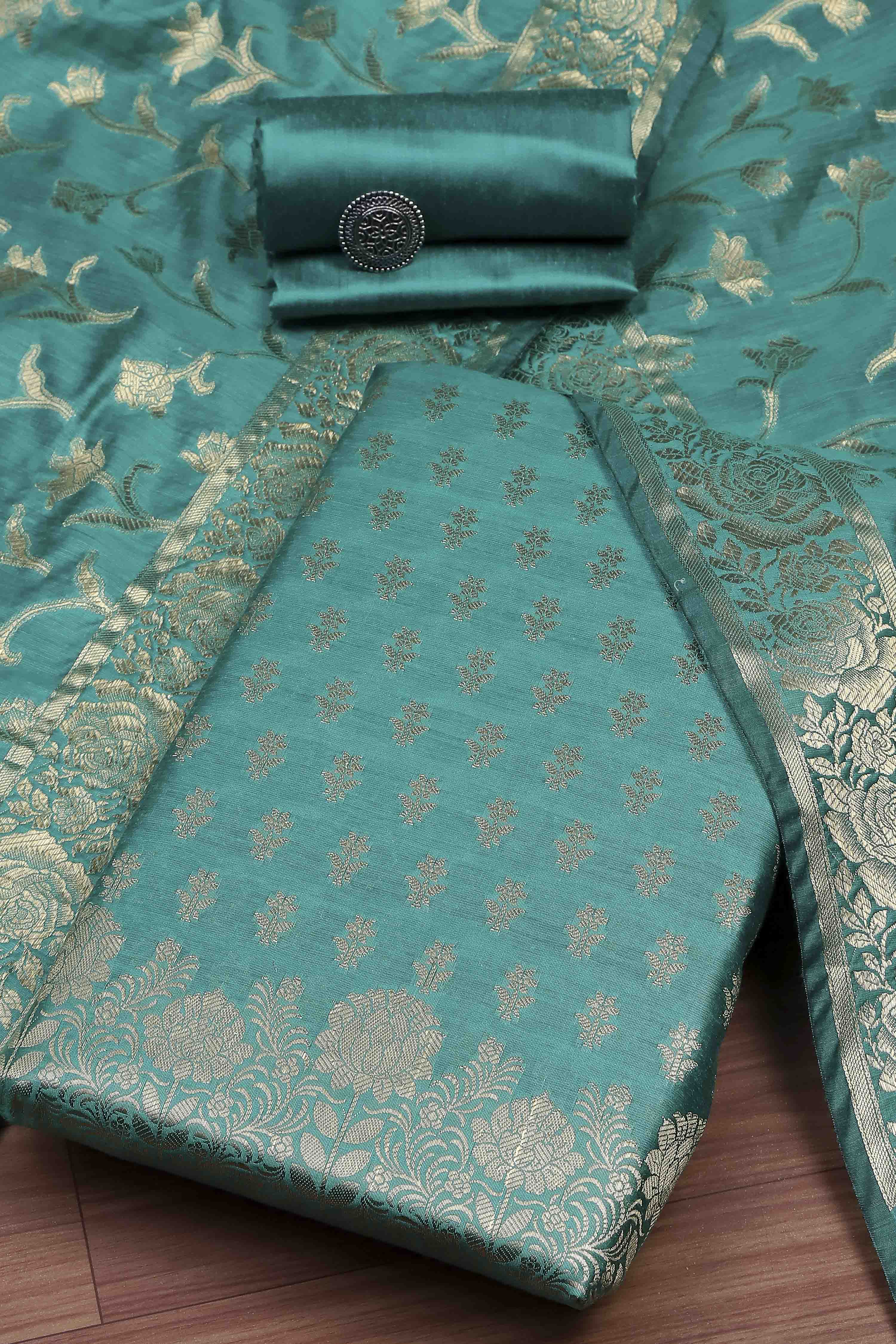 Yellow Banarasi Chanderi Banarasi Print Unstitched Suit Set image number 0