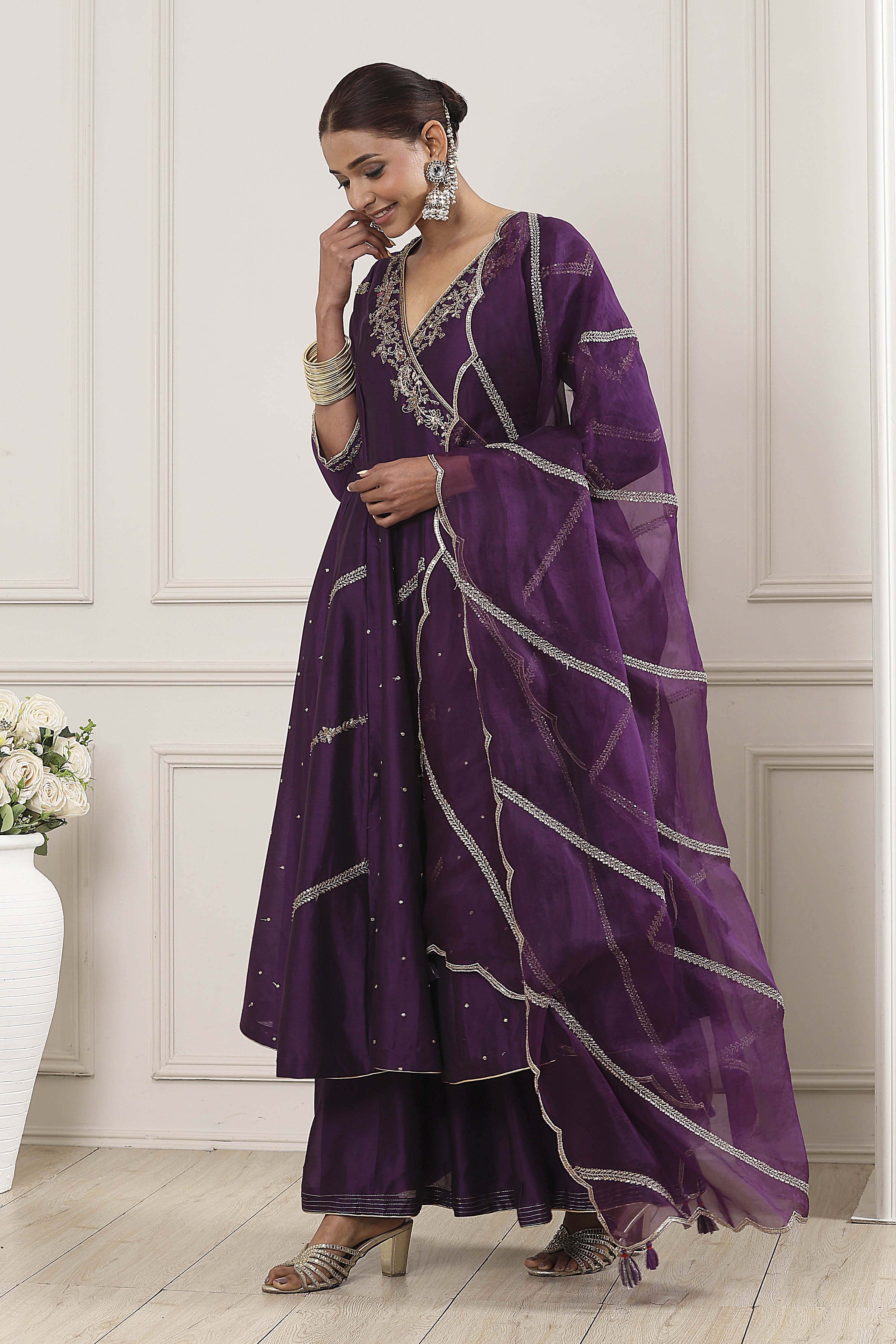 Purple Chanderi Silk Gota Embroidered Anarkali Suit Set image number 3