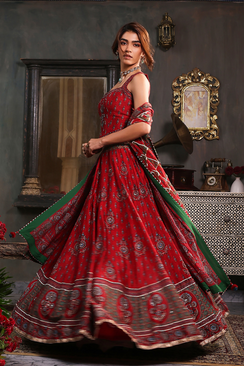 Red Chanderi Fitted Printed Lehenga Set image number 3