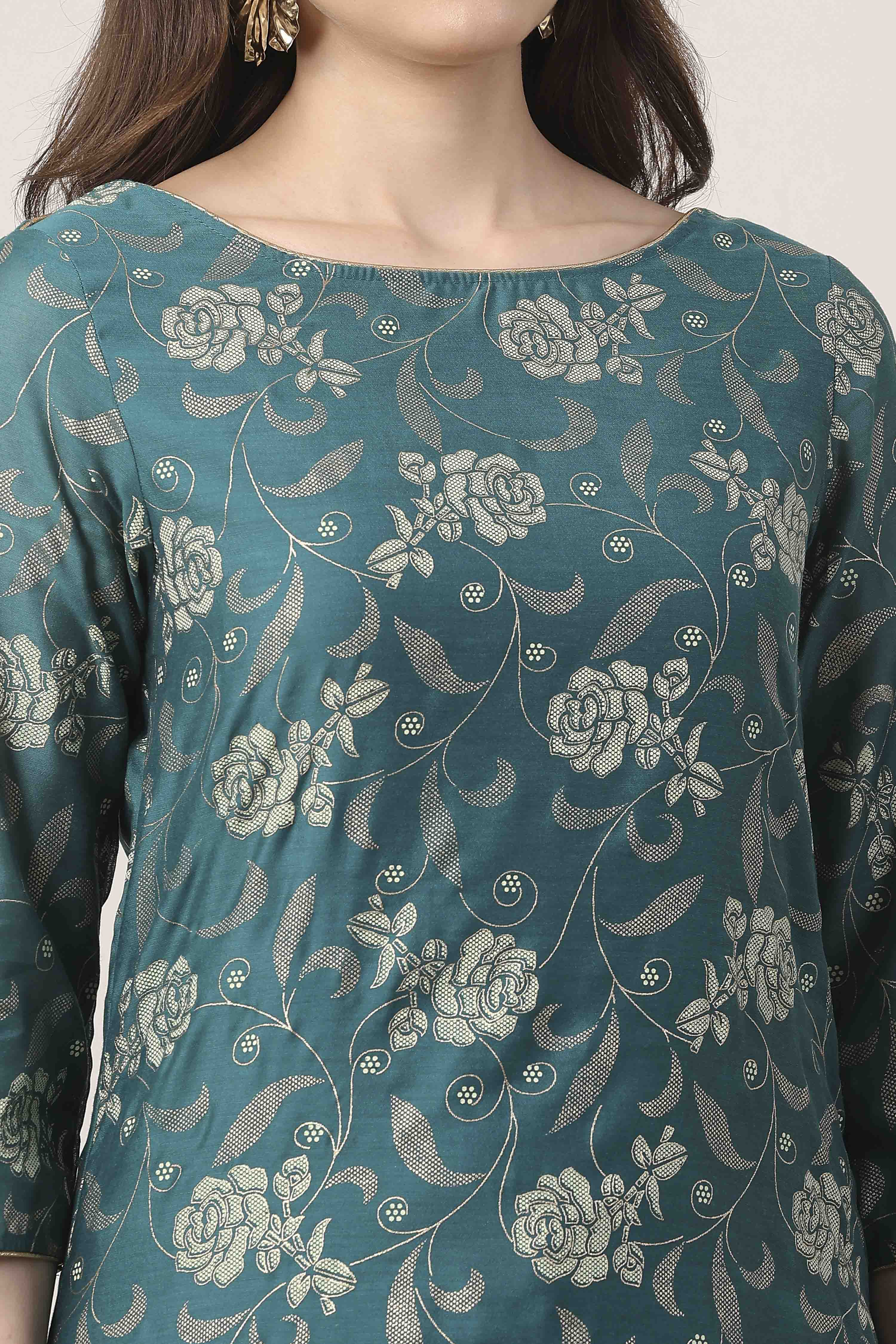 Peacock Green Printed Straight Kurta Regular Pants Suit Set image number 1