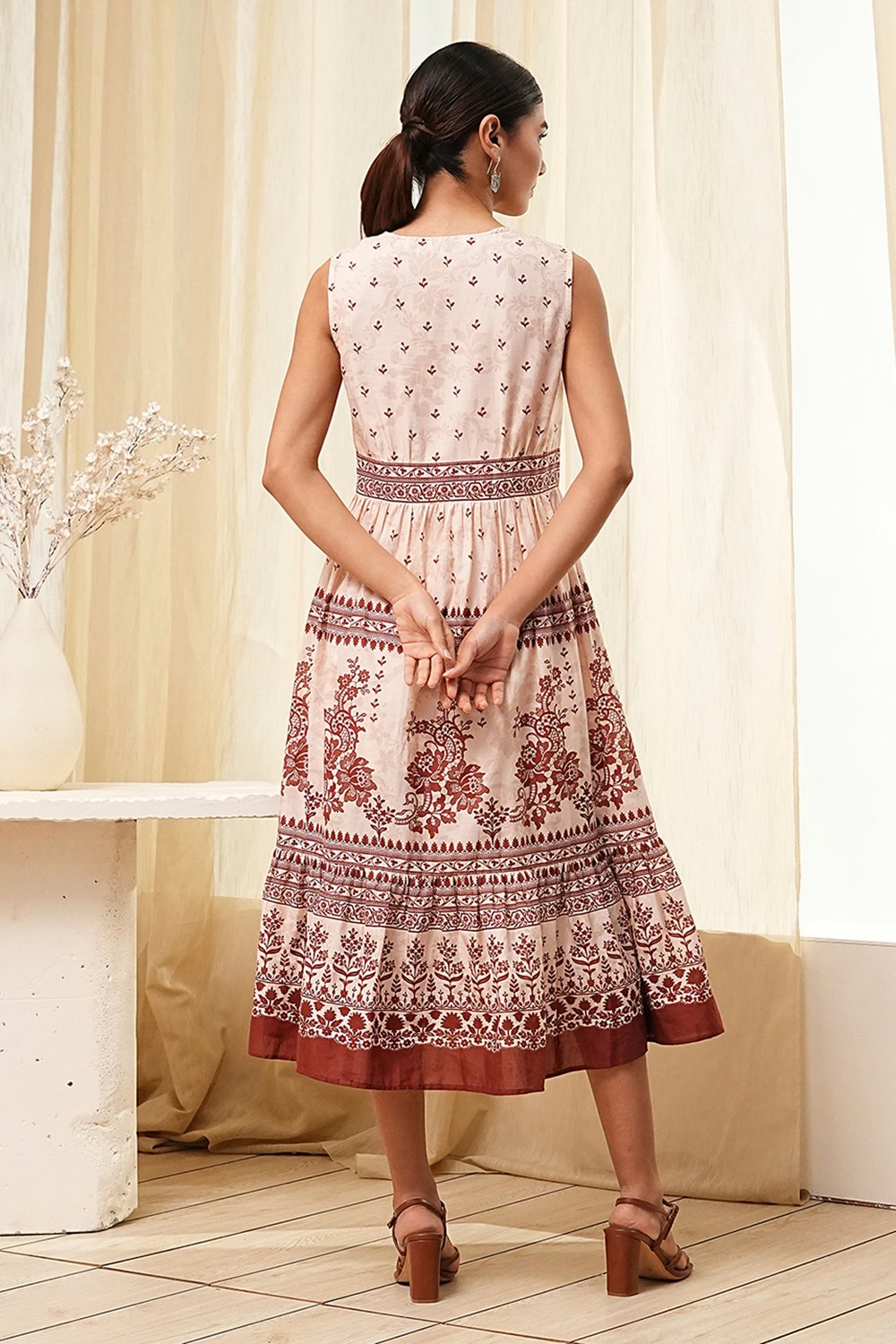 White and Rust Cotton Tiered Dress image number 3