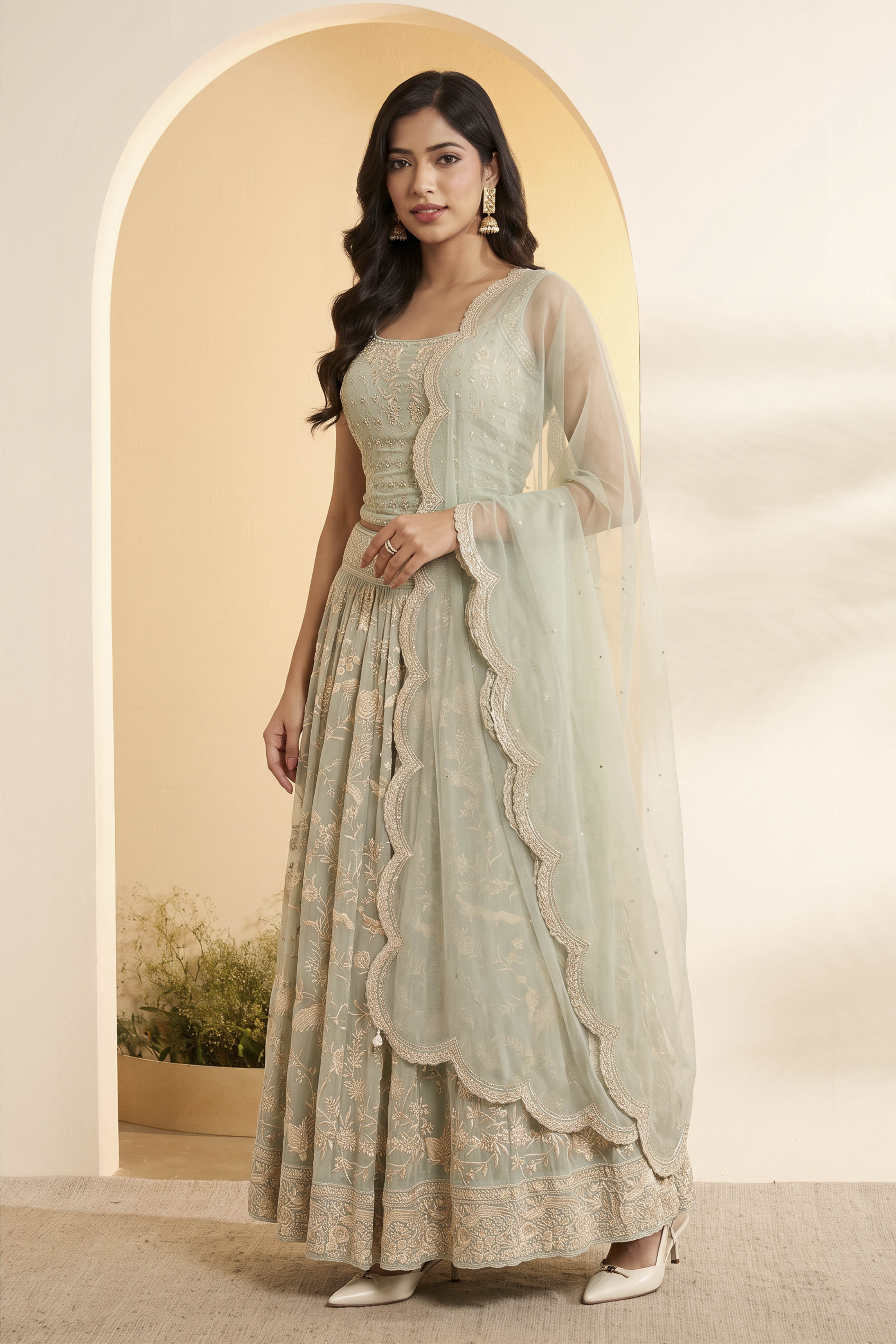 Turquoise Polyester Straight Lehenga Set image number 2