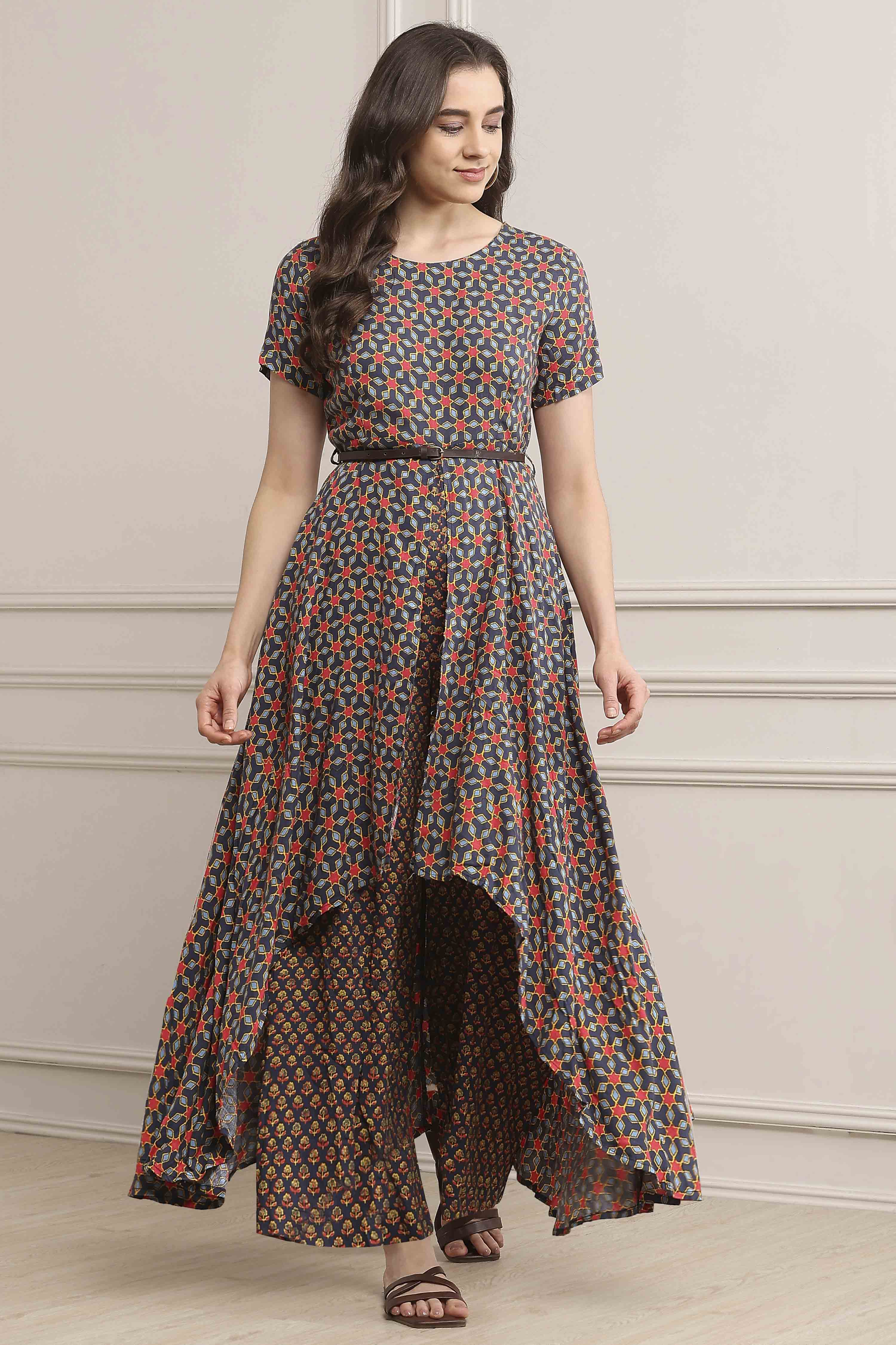 Indigo LIVA Straight Printed Jumpsuit Dress image number 0