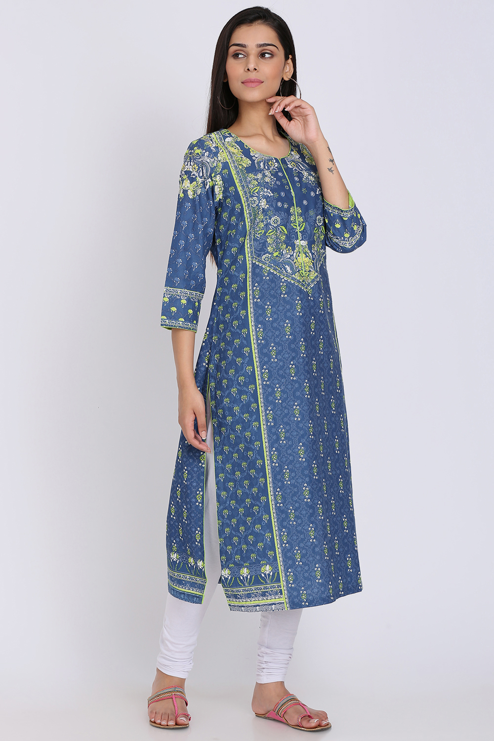 Indigo Cotton Straight Printed Kurta image number 3