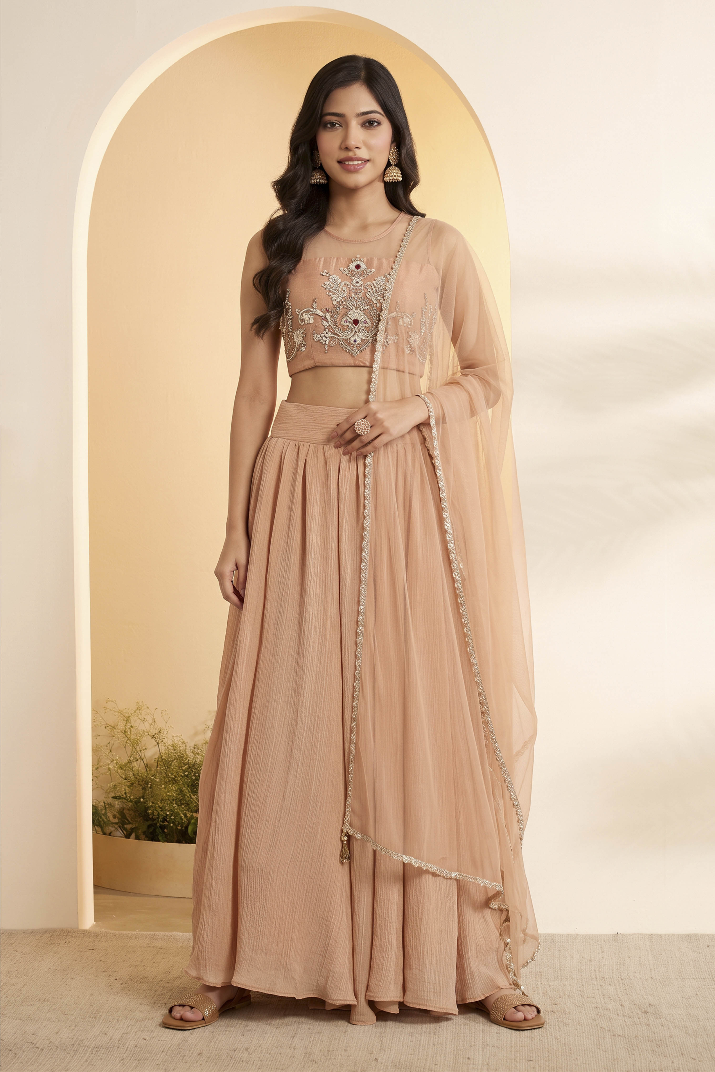 Peach Nylon Straight Lehenga Set image number 5