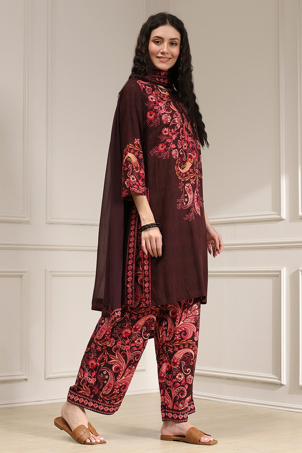Brown Printed Straight Suit Set image number 5