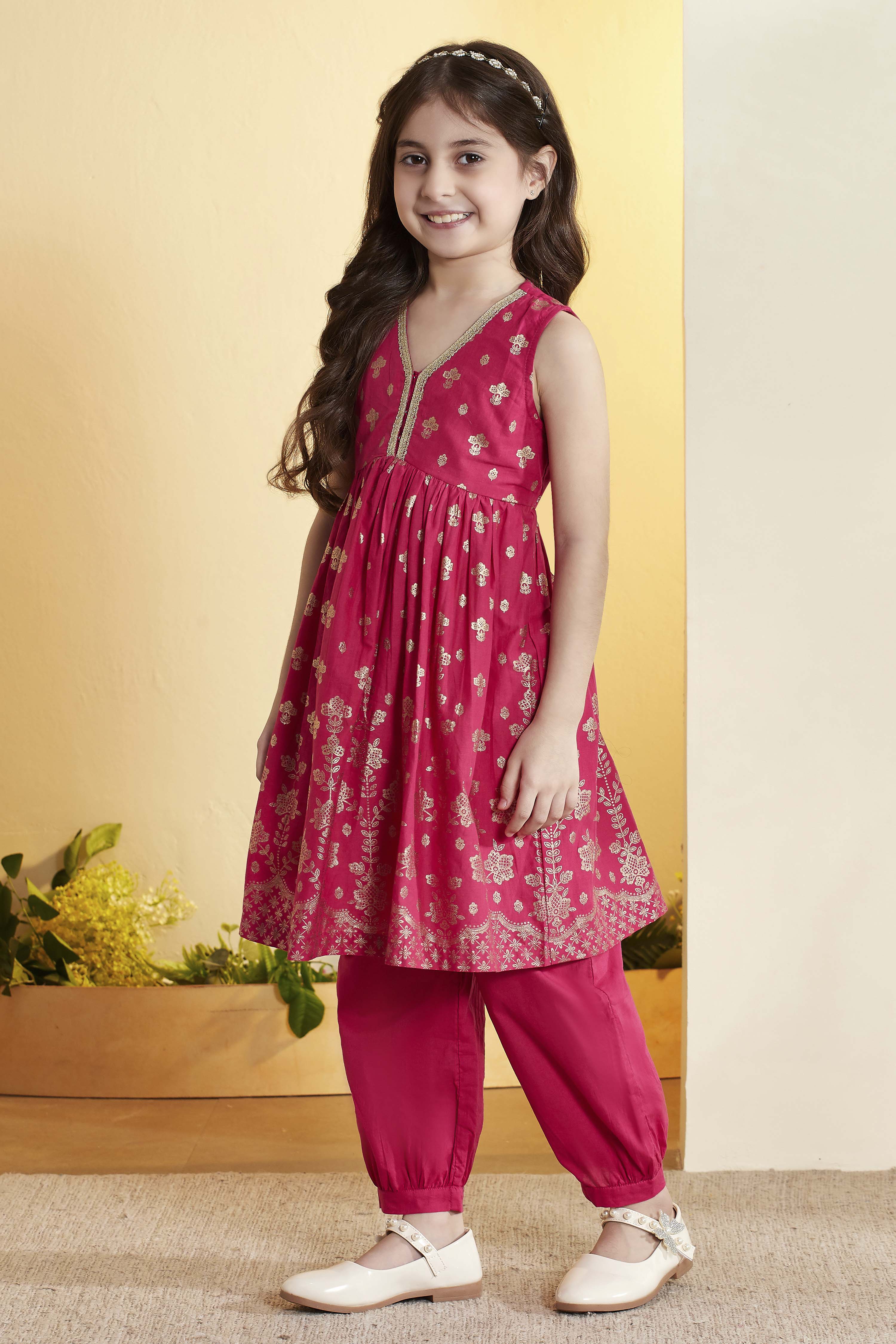 Pink Cotton Printed Gathered Kurta Pants Set image number 3