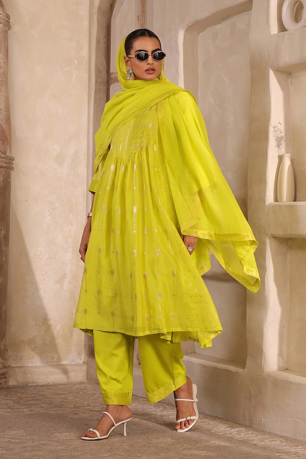 Lime Green Silk Gathered Yarndyed Suit Set image number 3
