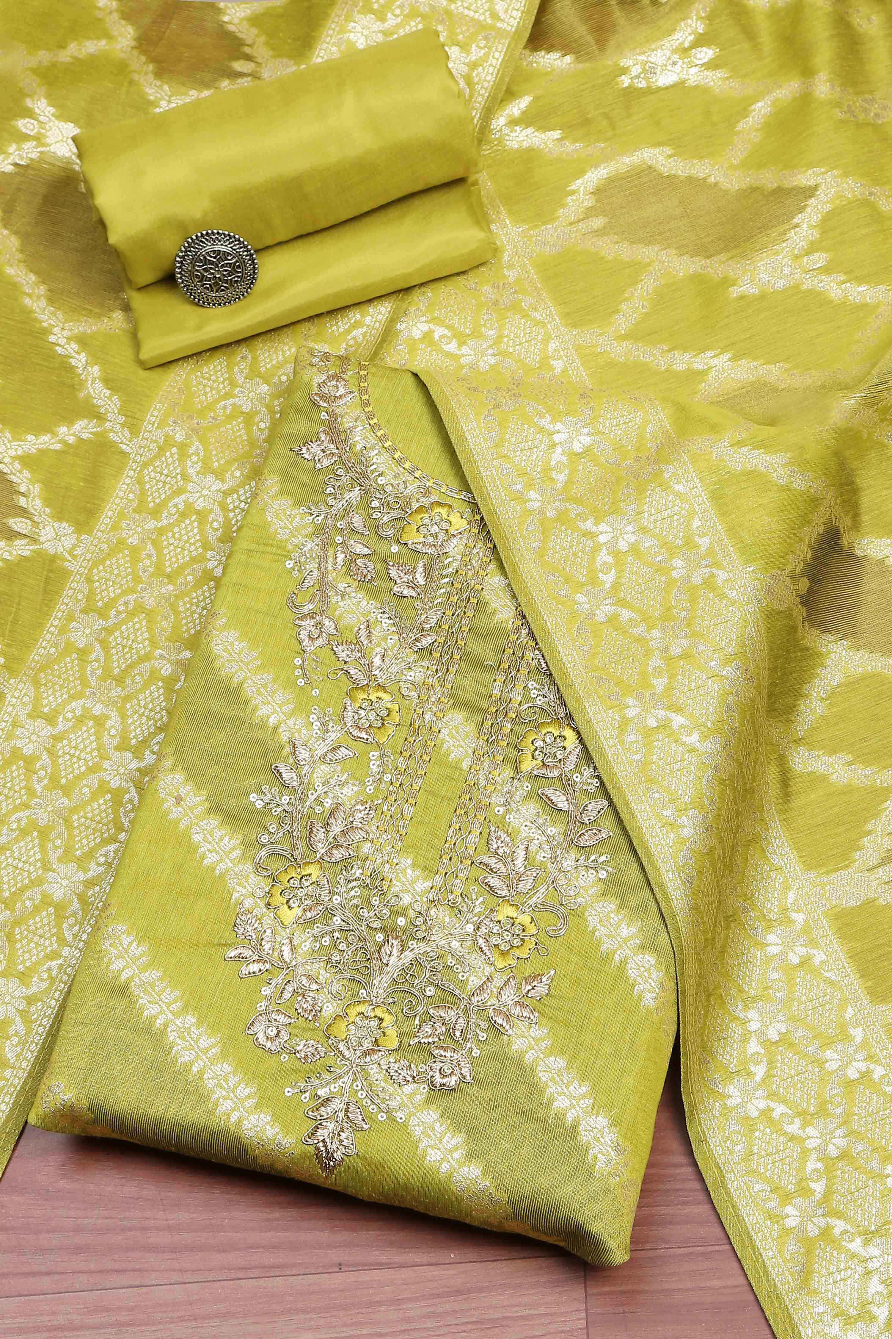 Botle Green Tissue Chanderi Embroidered Unstitched Suit Set image number 0