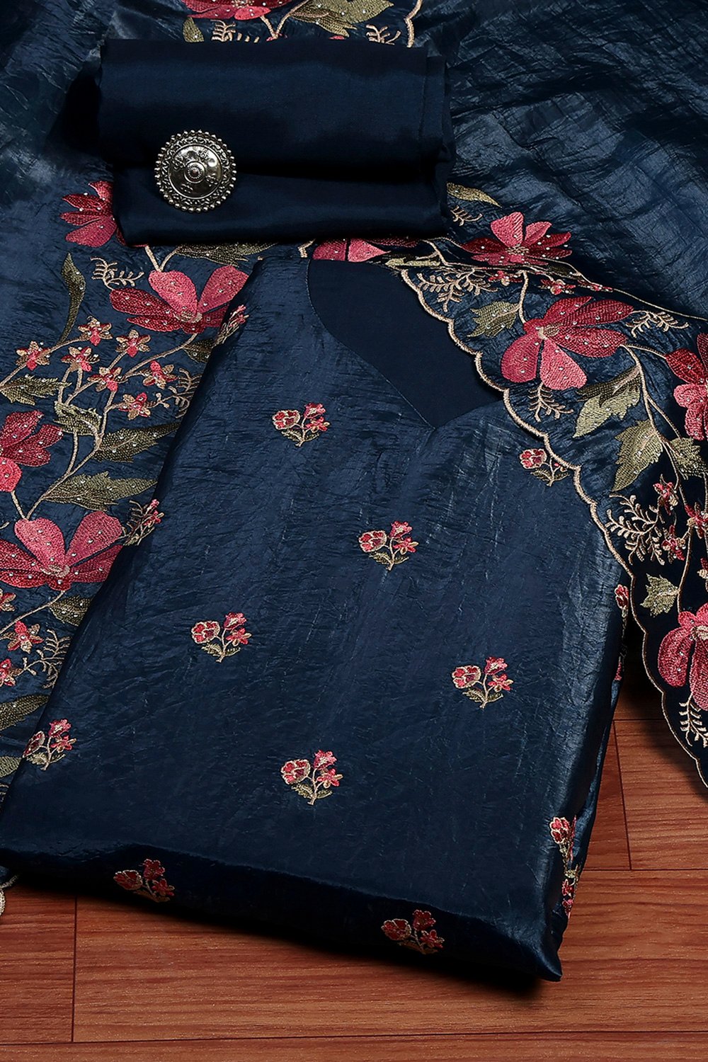 Navy Blue Tissue Machine Embroidered Unstitched Suit Set image number 0