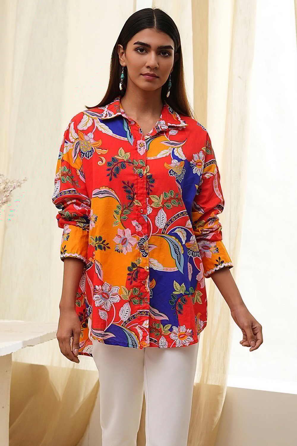 Orange Cotton Floral High-Low Shirt image number 5