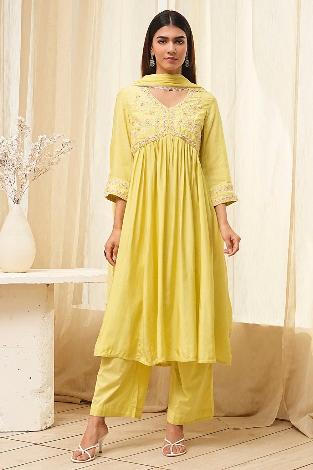 Lime Modal Blend Embroidered Gathered Suit Set image number 6