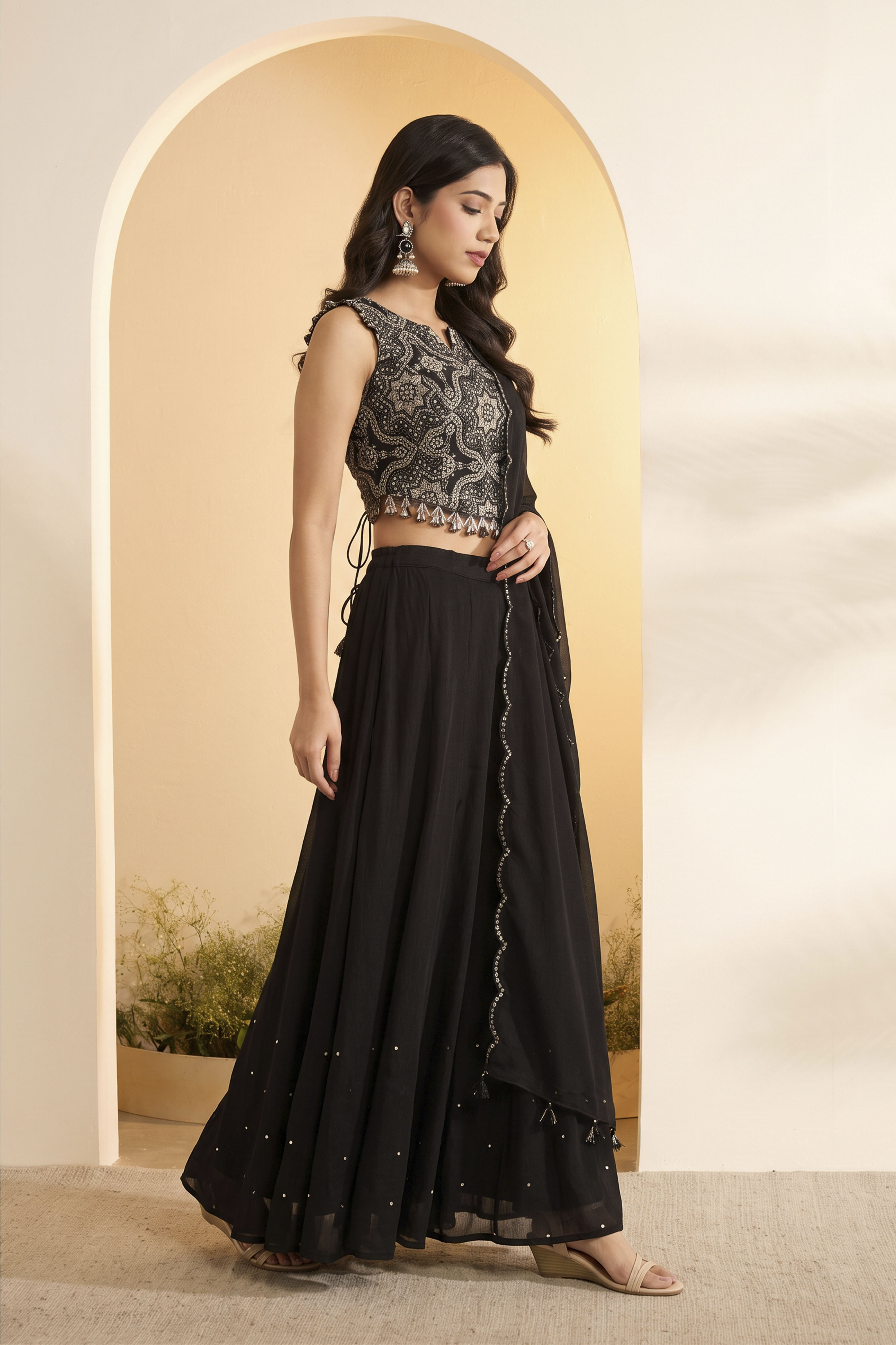 Black Poly Georgette Embellished Sharara Set image number 2