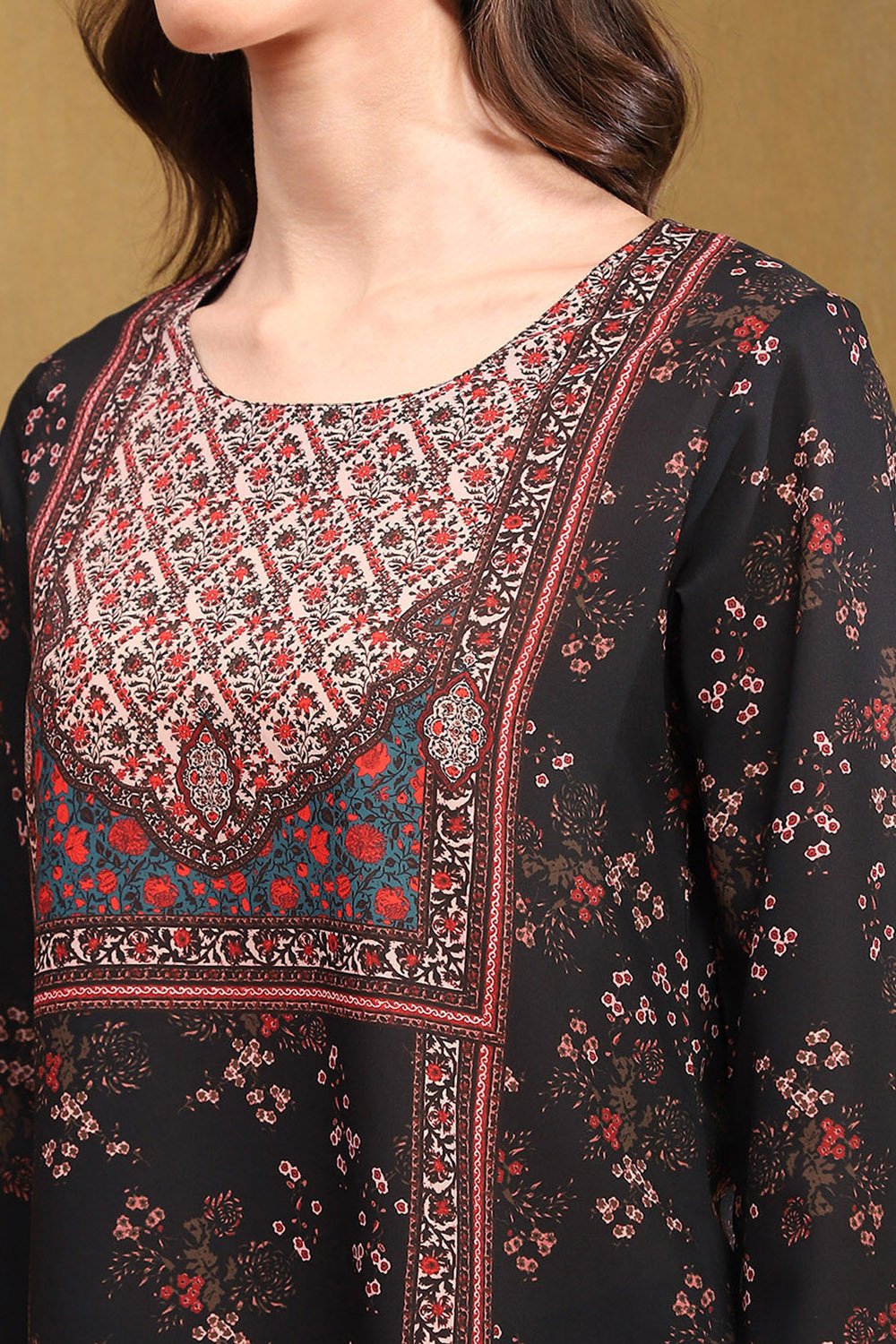 Black Crepe Printed Straight Short Kurta image number 1