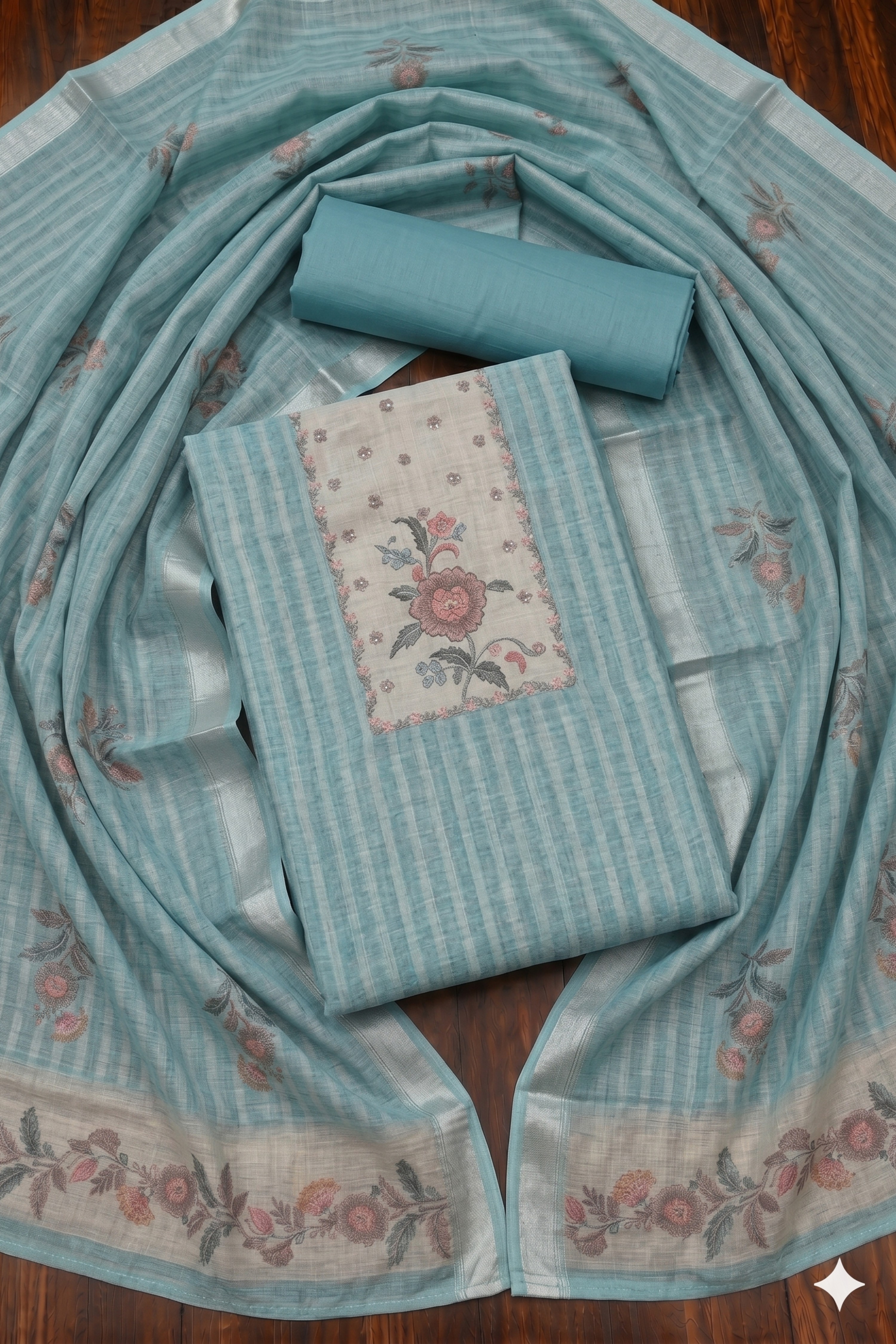 Blue Linen Stripe With Handwork Unstitched Suit Set image number 1