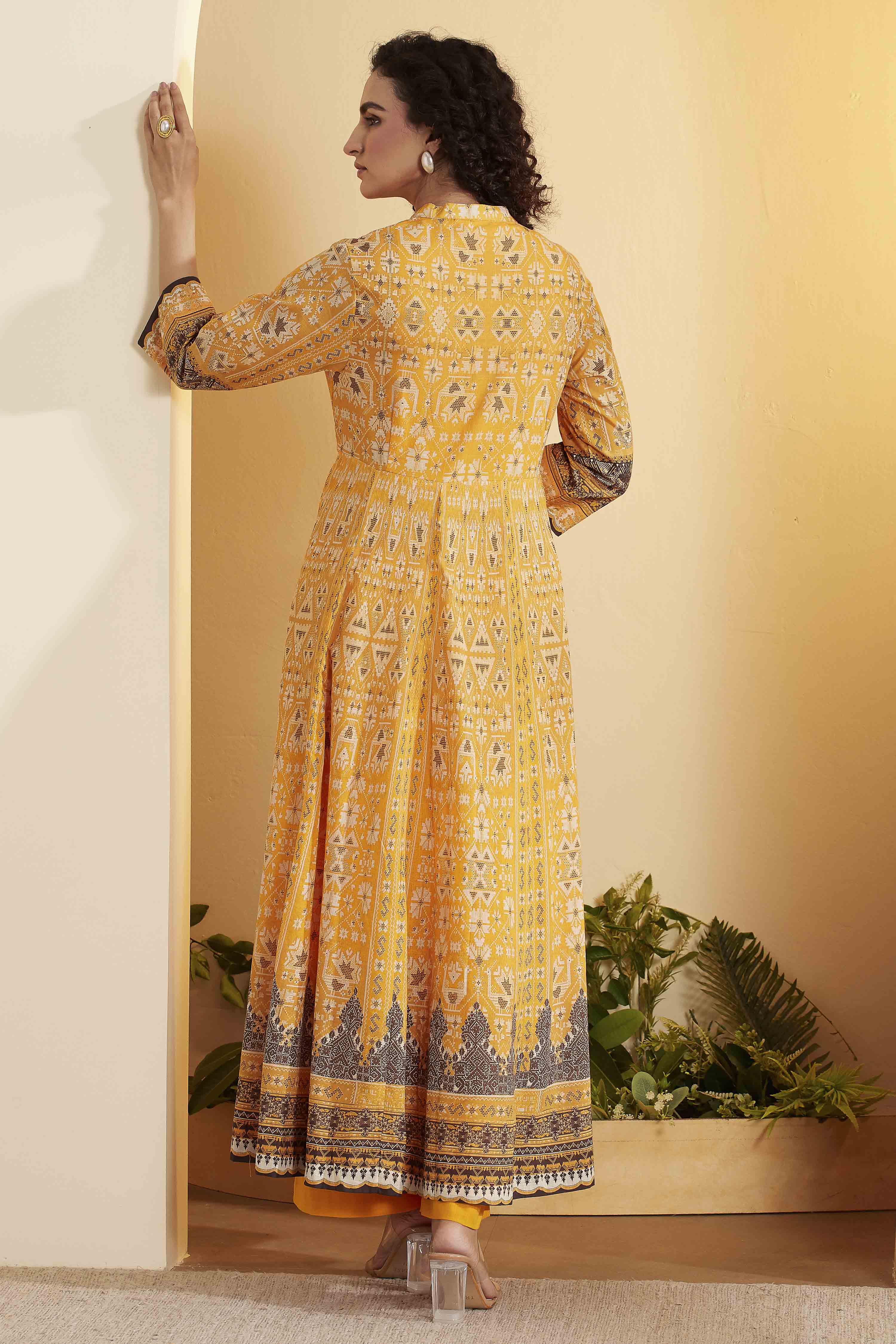 Yellow Cotton Anarkali Kurta Pants Set image number 5