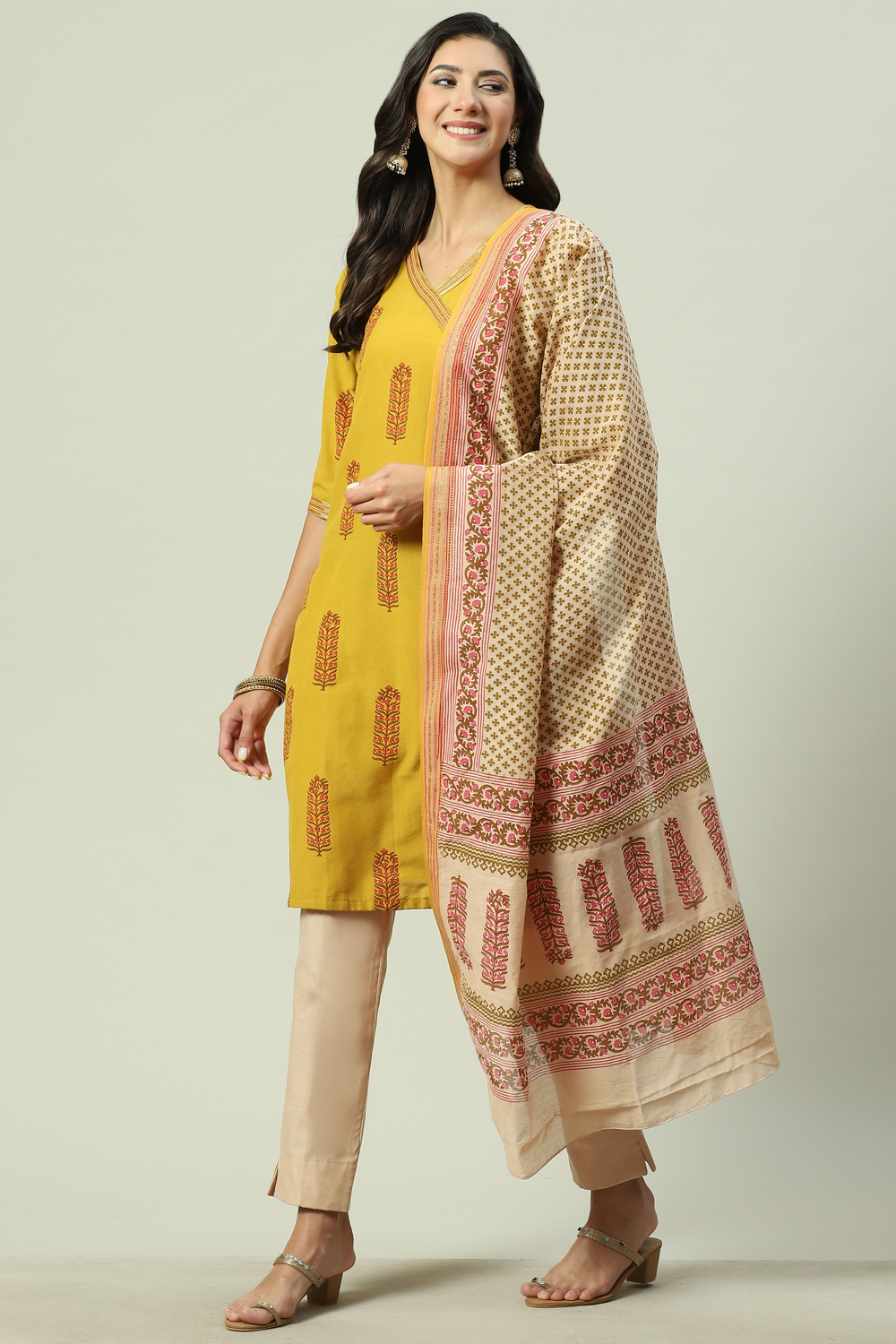 Lime Green Cotton Unstitched Suit Set image number 5