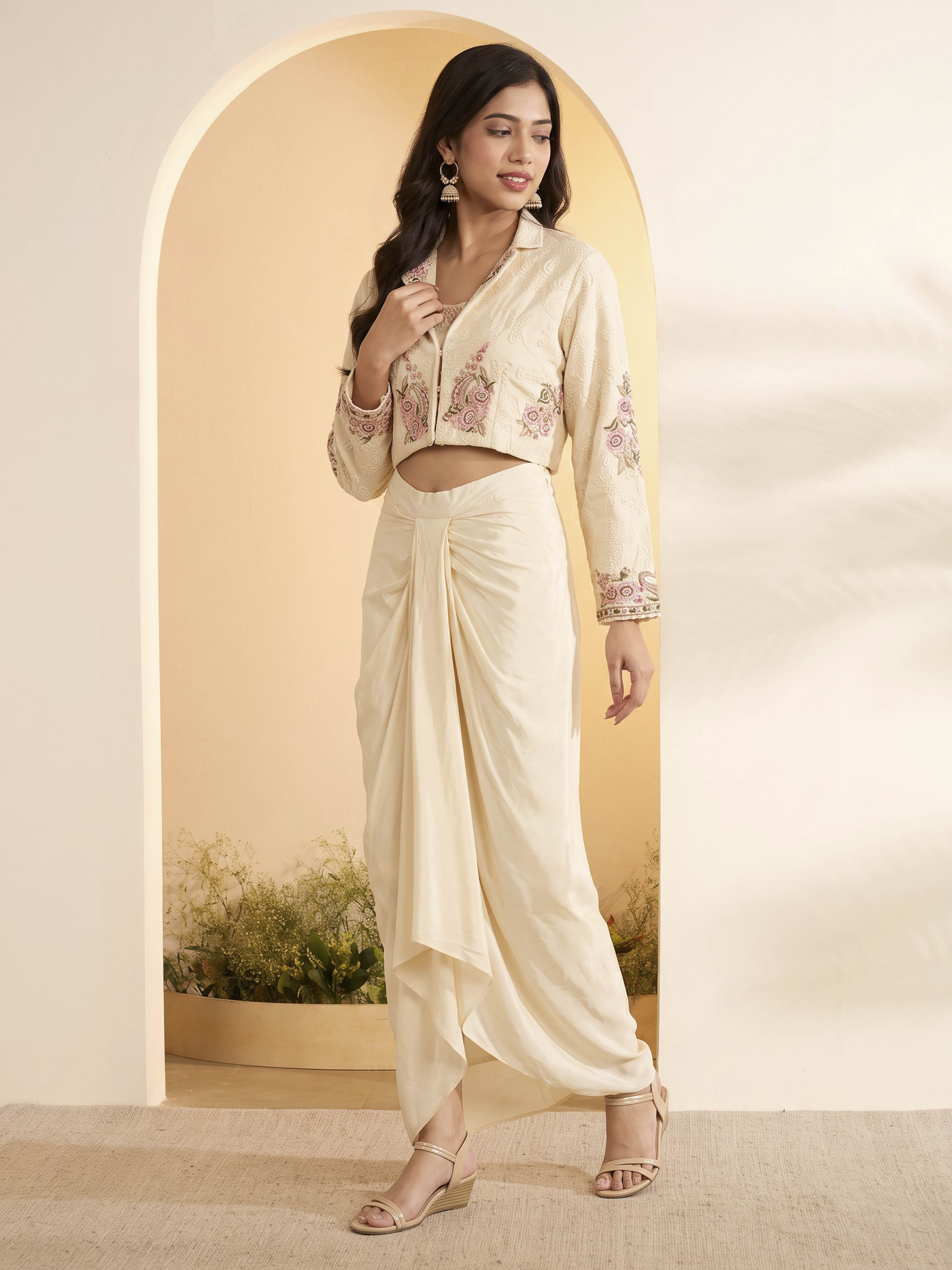 Ivory Viscose Rayon Embroidered Layered Fusion Set image number 2