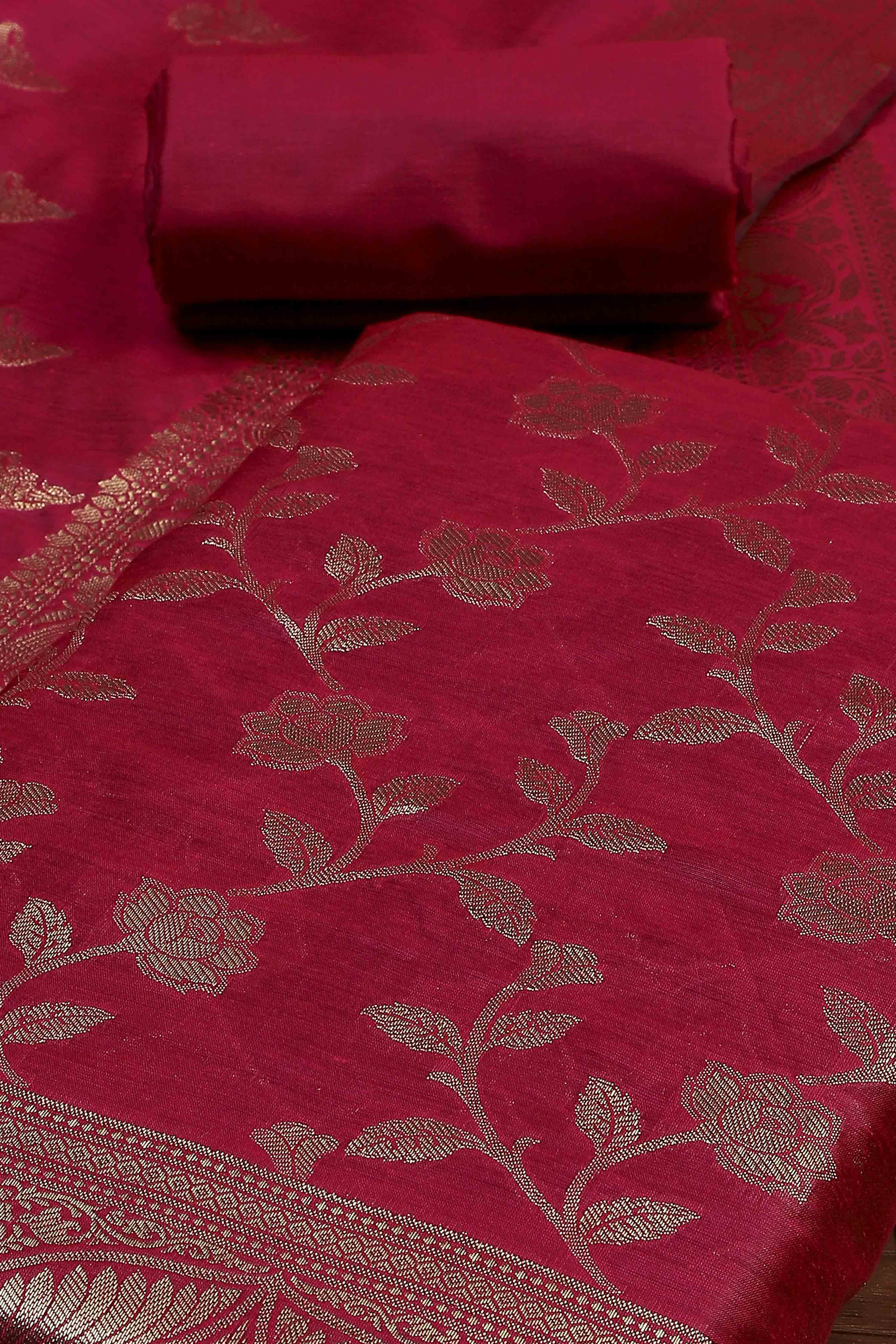 Maroon Cotton Printed Embroidered Unstitched Suit Set image number 1