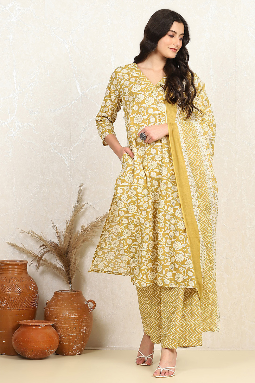 Mustard Cotton Screen Print Unstitched Suit Set image number 1
