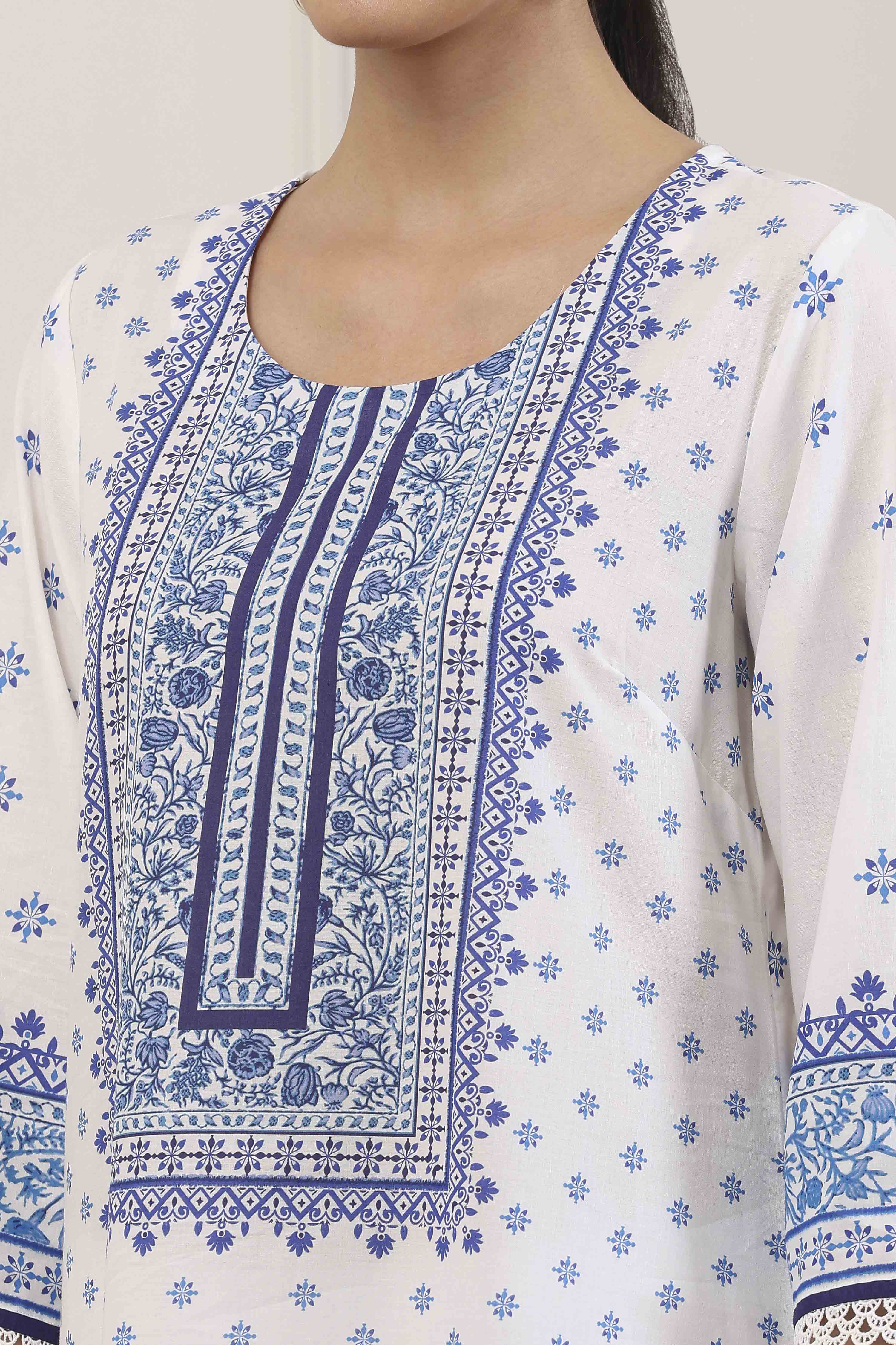 Blue Cotton Ethnic Motifs Printed Straight Kurta image number 1