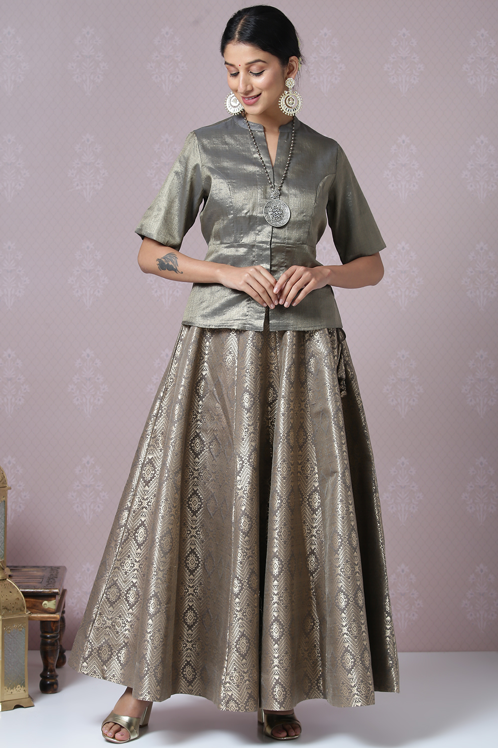 Sage Green Metallic Cotton Lehenga Set image number 4