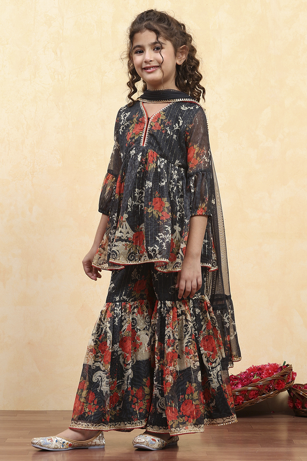 Black Polyester Printed Peplum Sharara Suit Set image number 3