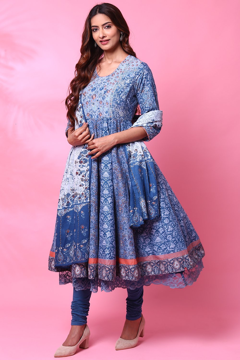 Grey Cotton Anarkali Kurta Churidar Suit Set image number 6