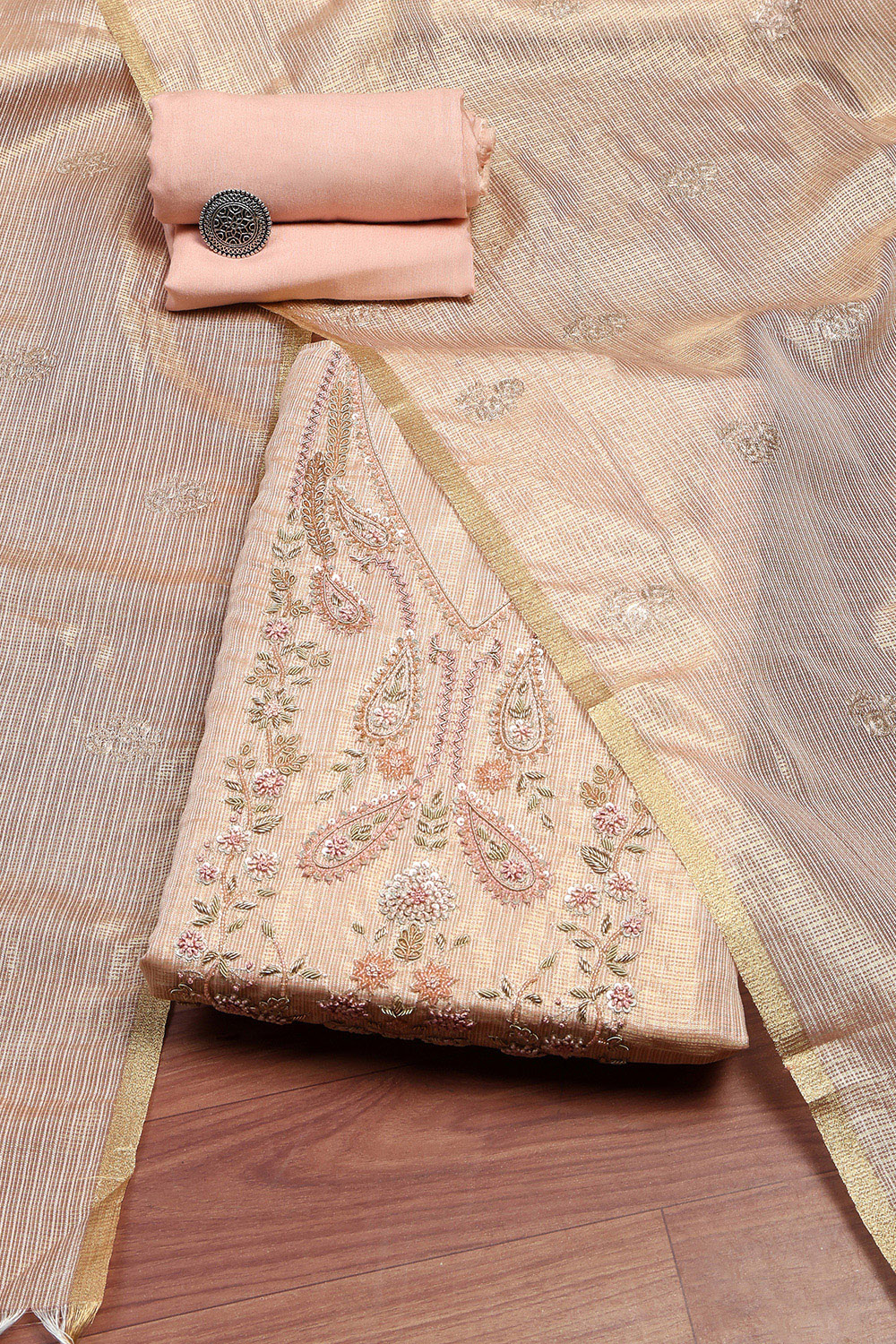 Peach Cotton Hand Embroidered Unstitched Suit Set image number 0
