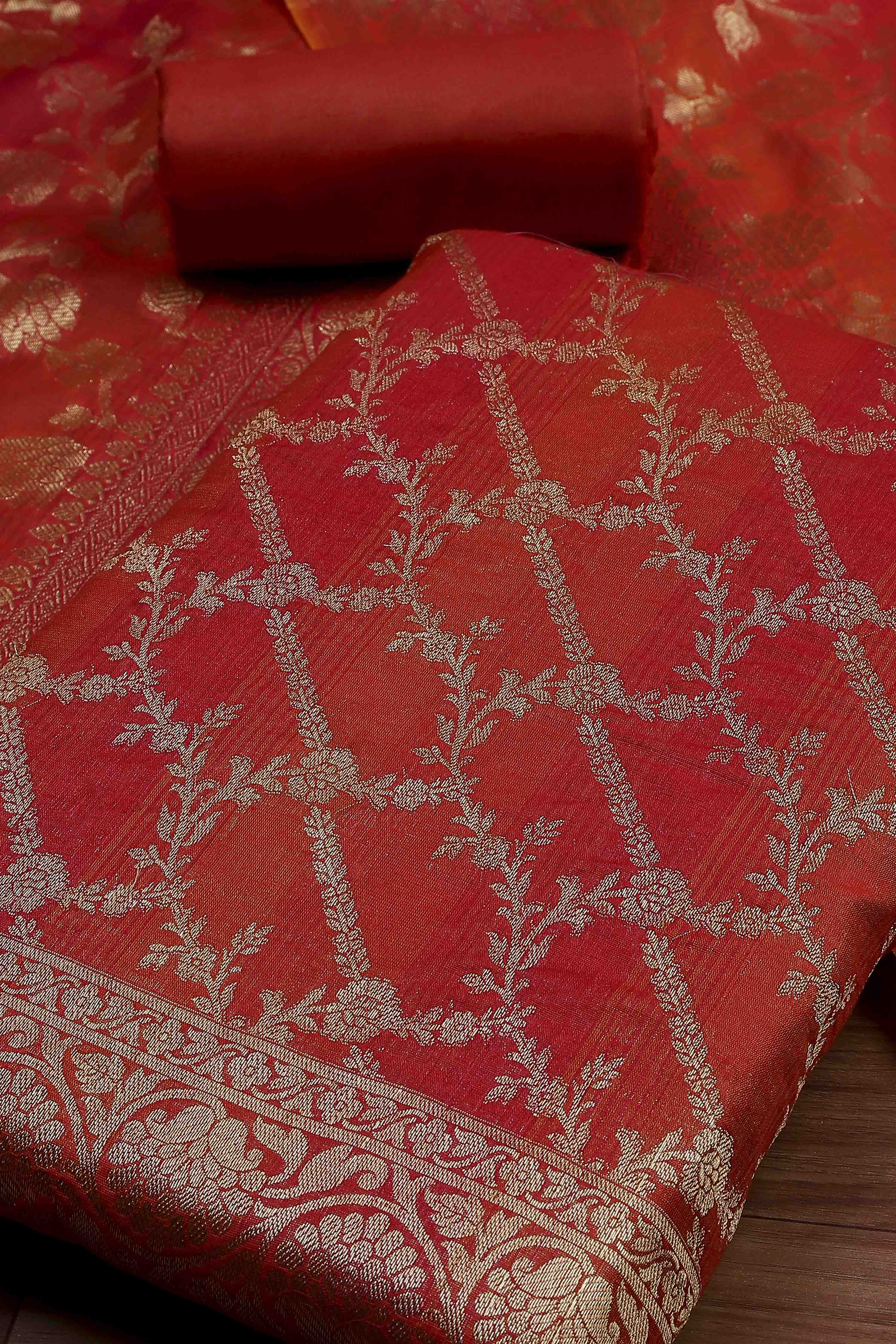 Rust Cotton Printed Embroidered Unstitched Suit Set image number 1
