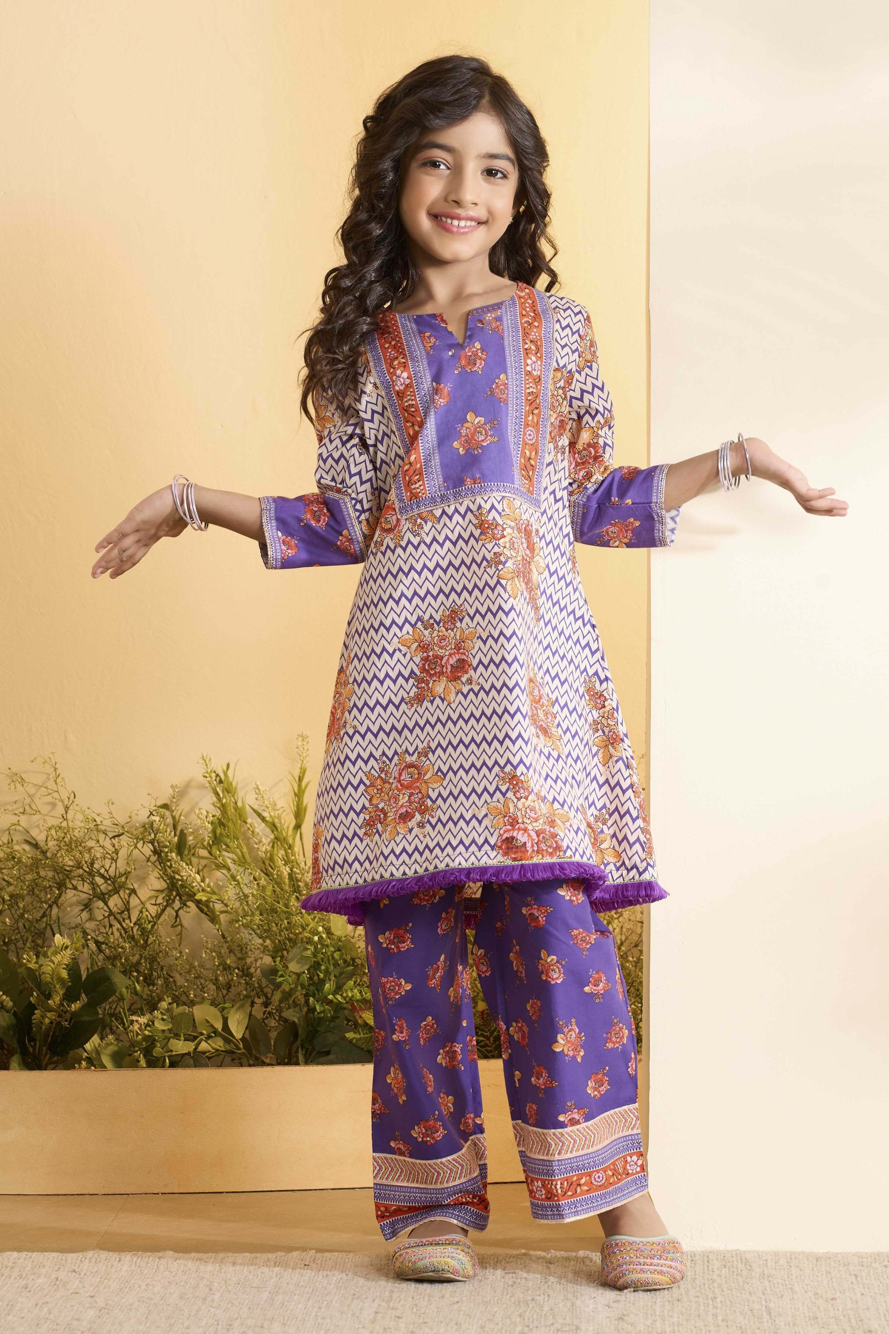 Purple Cotton Printed A-Line Kurta Set image number 6