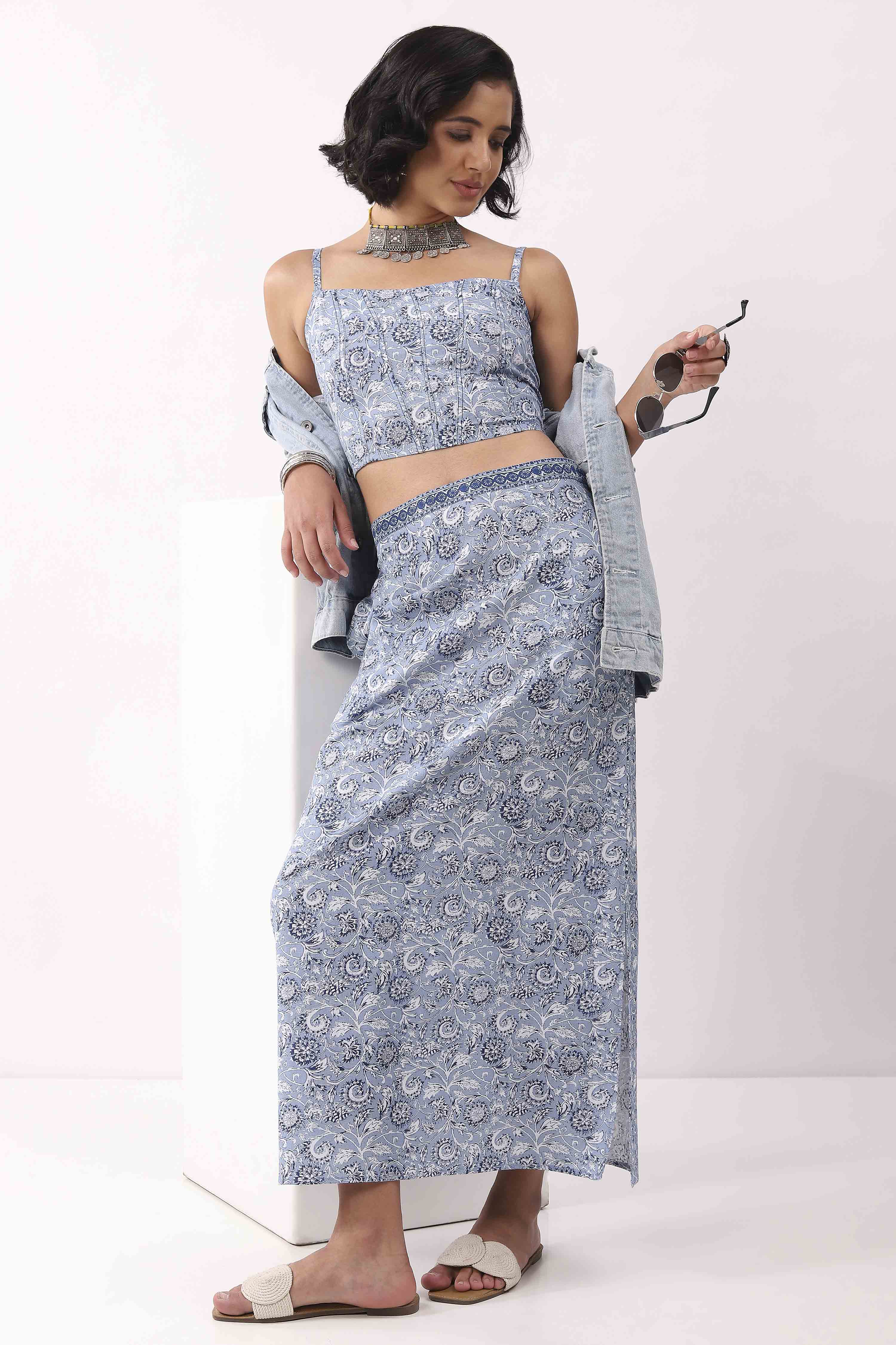 Blue Cotton Printed Regular Skirt image number 0