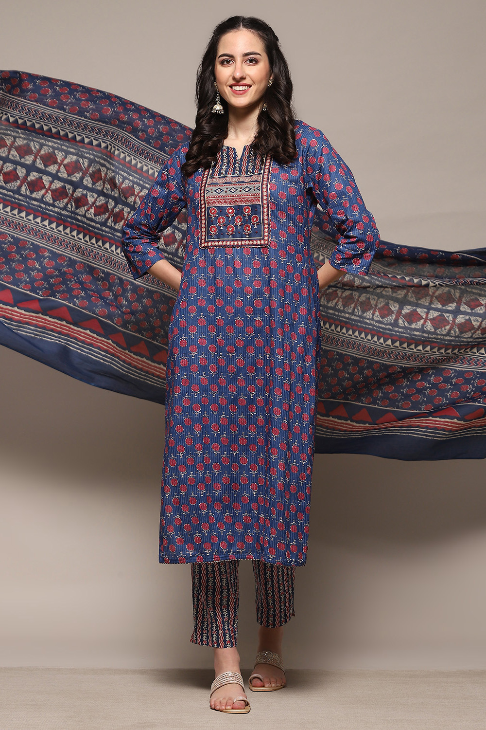 Blue Cotton Unstitched Suit Set image number 1