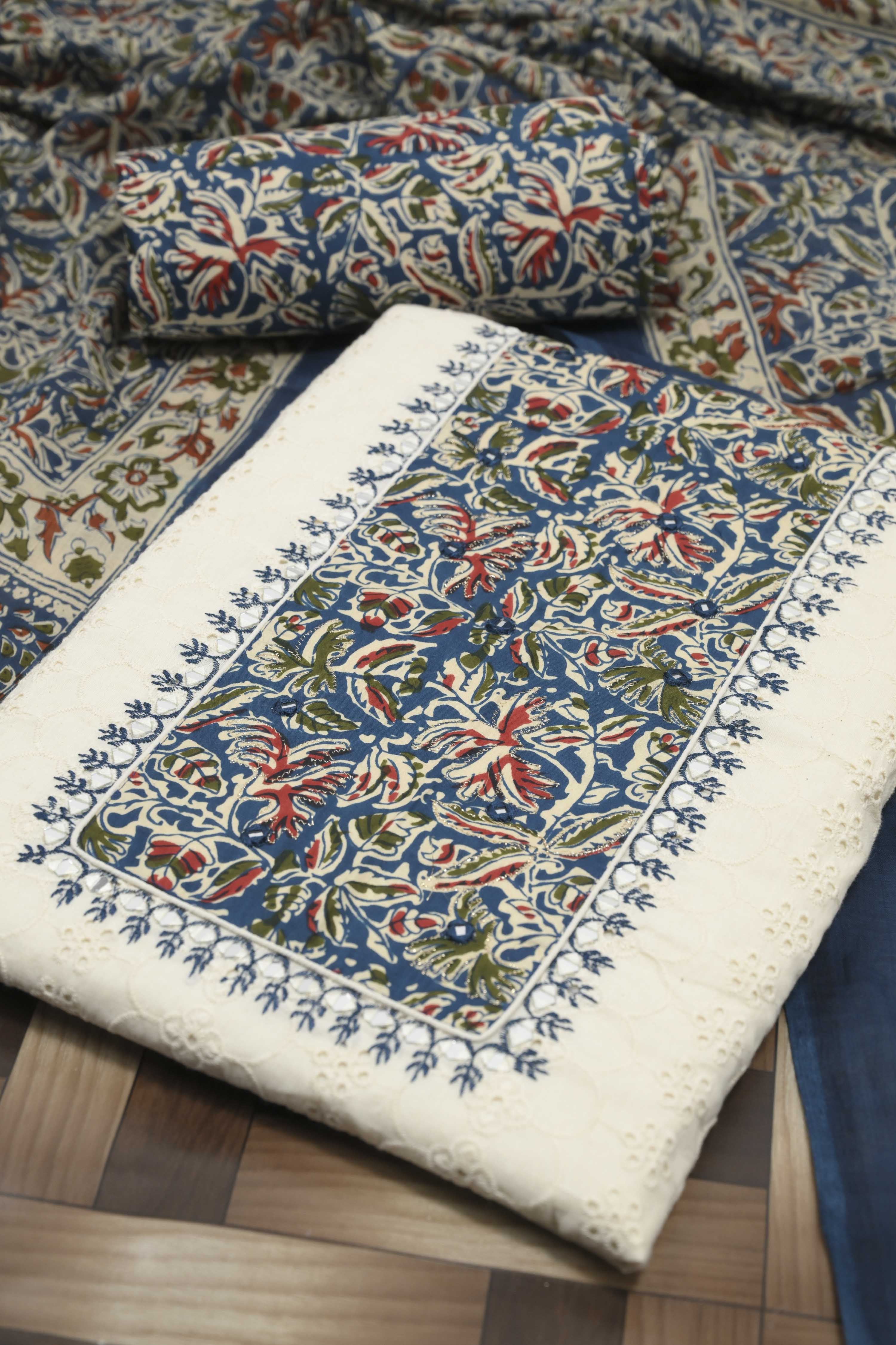 Blue Cotton Printed Unstitched Suit Set image number 1