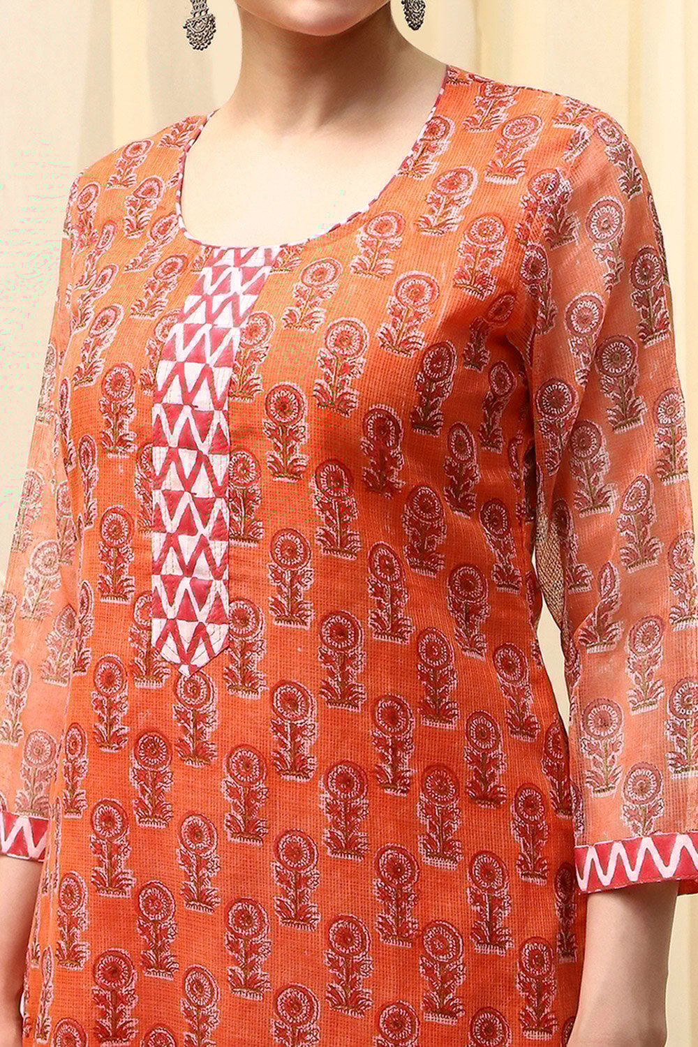 Yellow Cotton Hand Block Print Unstitched Suit Set image number 2