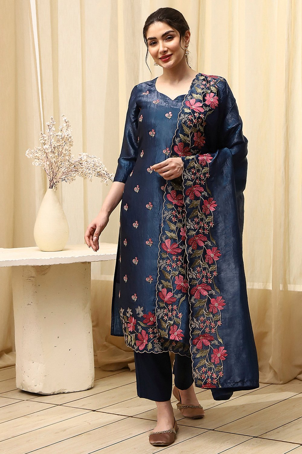 Navy Blue Tissue Machine Embroidered Unstitched Suit Set image number 1