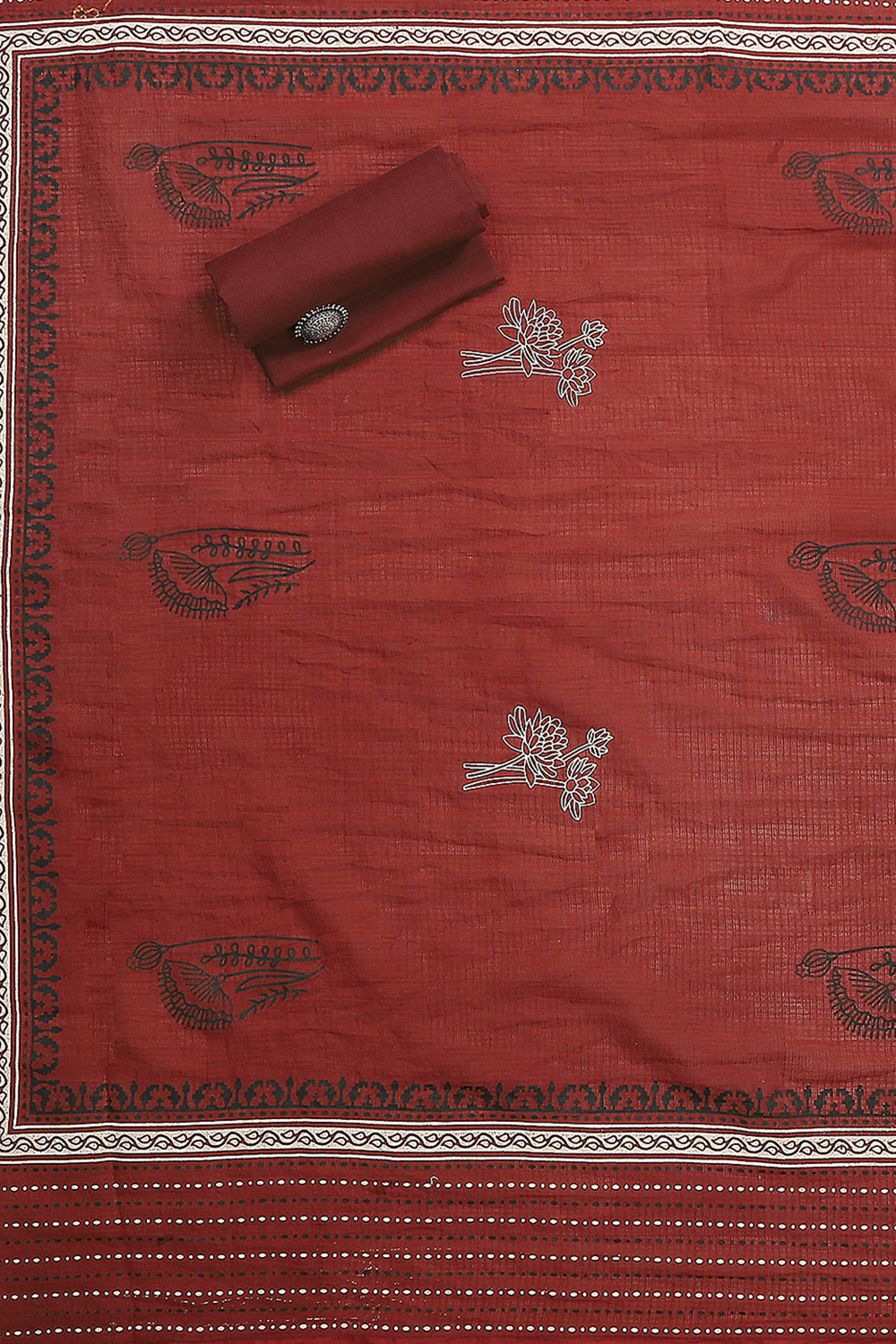 Off-White-Red Flex Hand Block Print Unstitched Suit Set image number 3