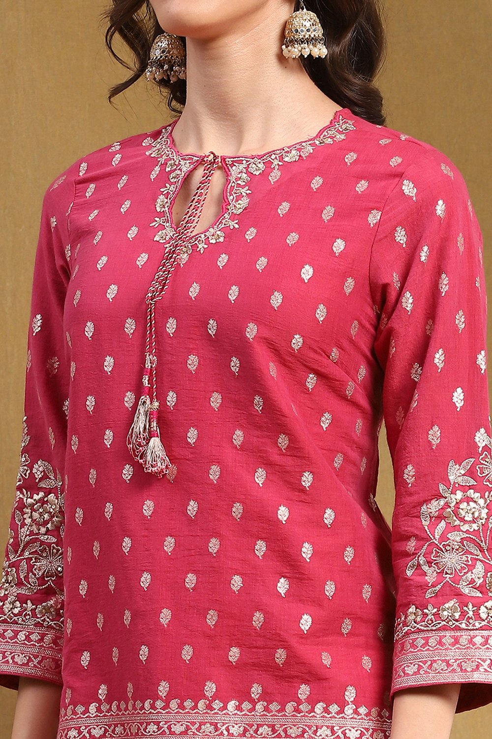 Pink Yarn Dyed Straight Suit Set image number 1