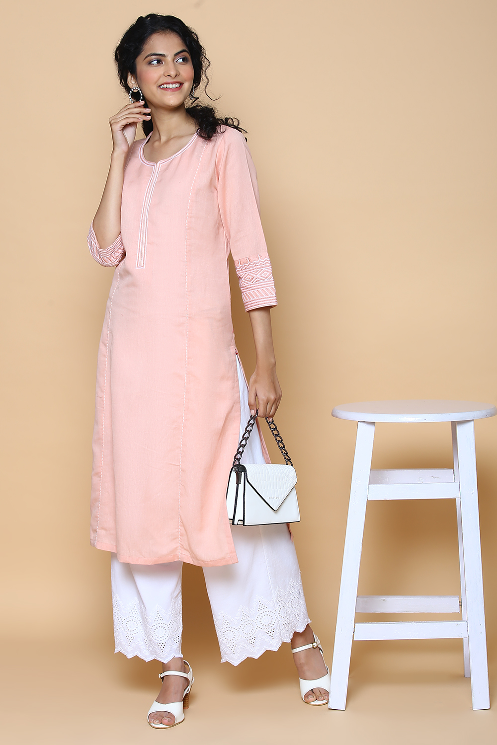 Peach Blue Cotton Linen Kurta image number 4