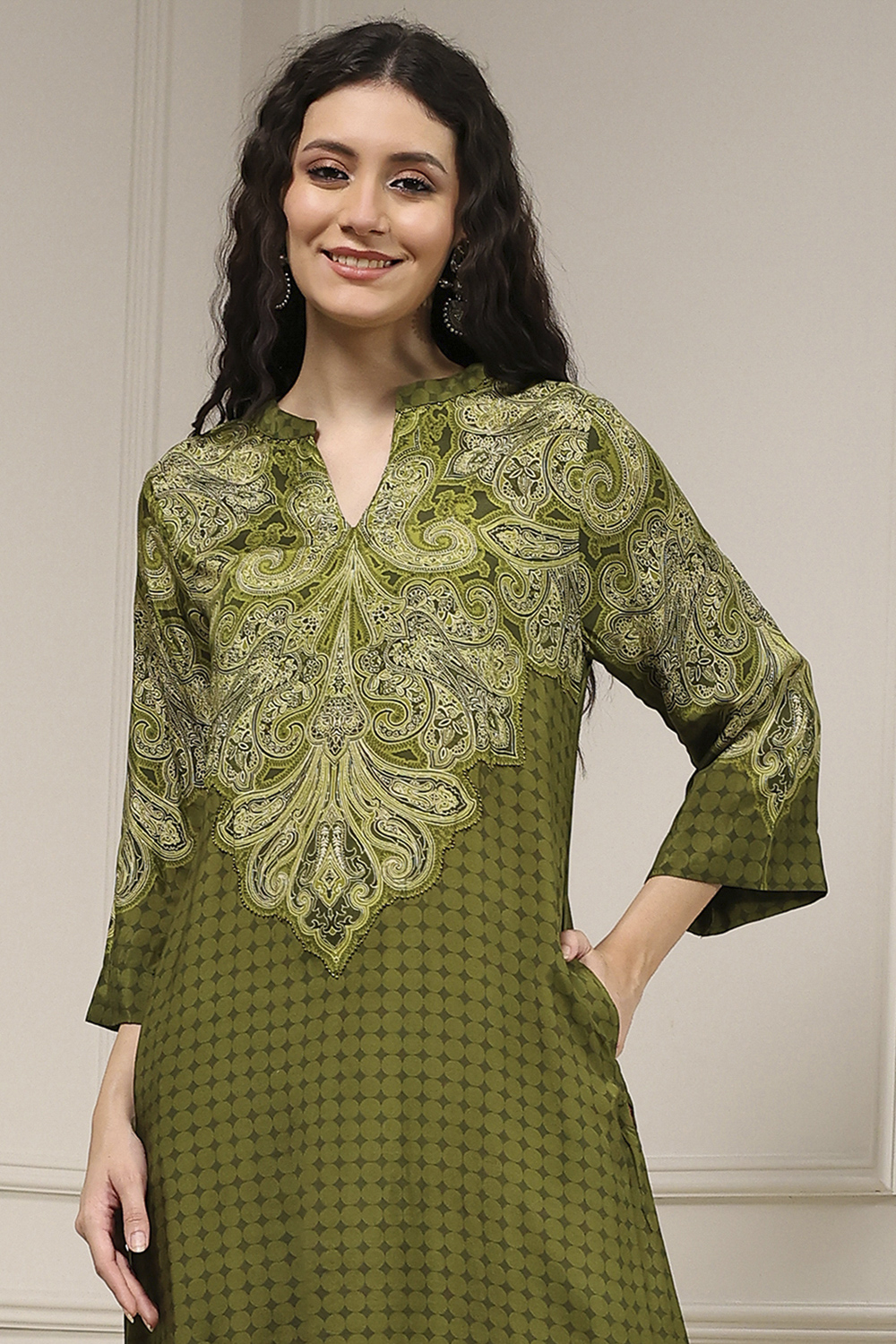 Olive Green Printed Straight Kurta image number 1