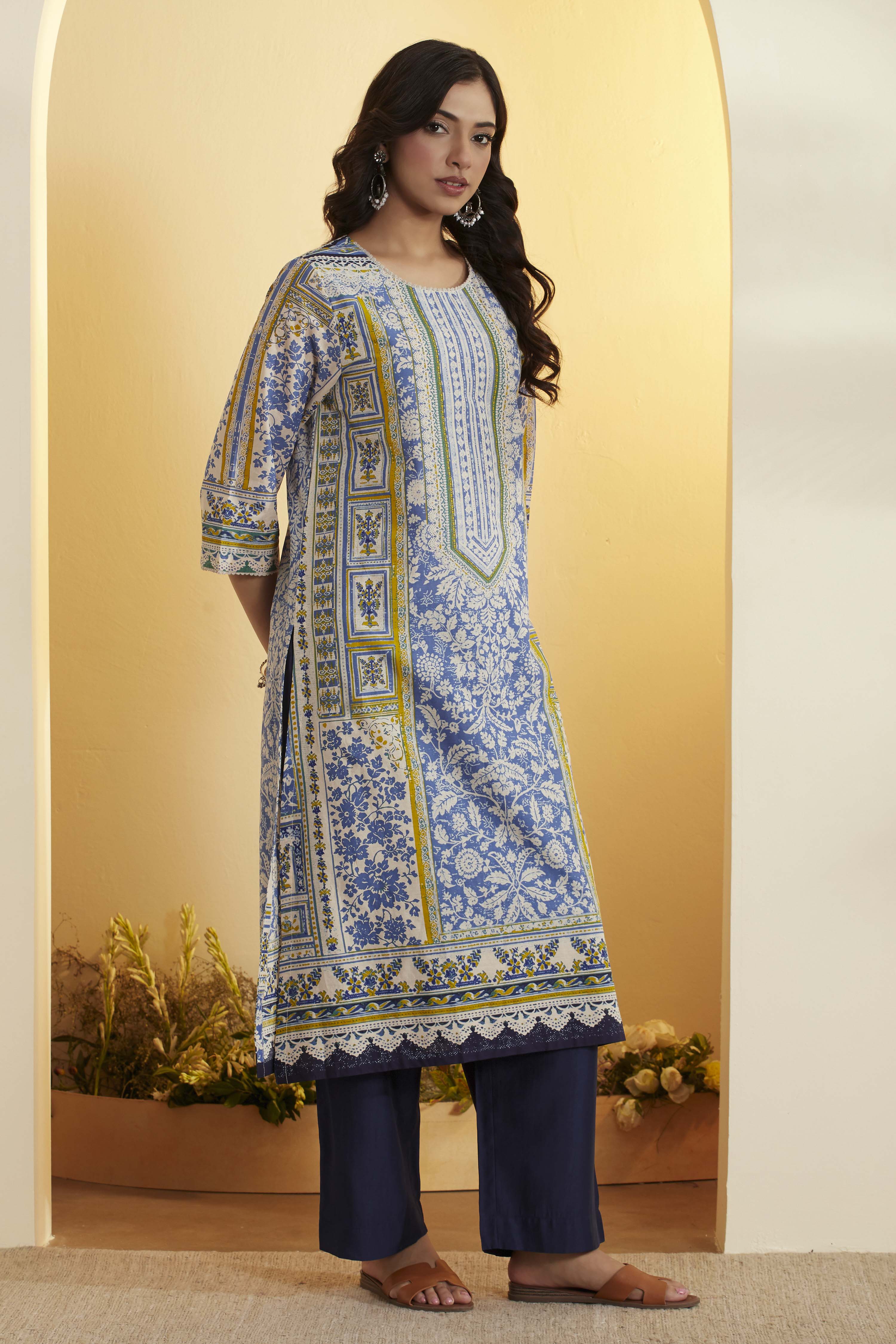 Blue Cotton Straight Kurta image number 3