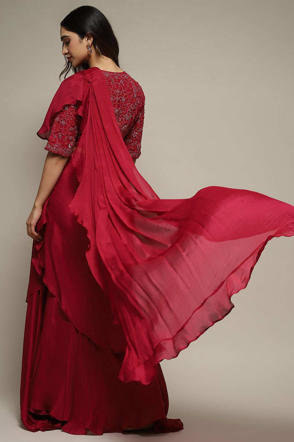 Dusty Pink Pre-Draped Nylon Saree With A Stitched Blouse image number 4