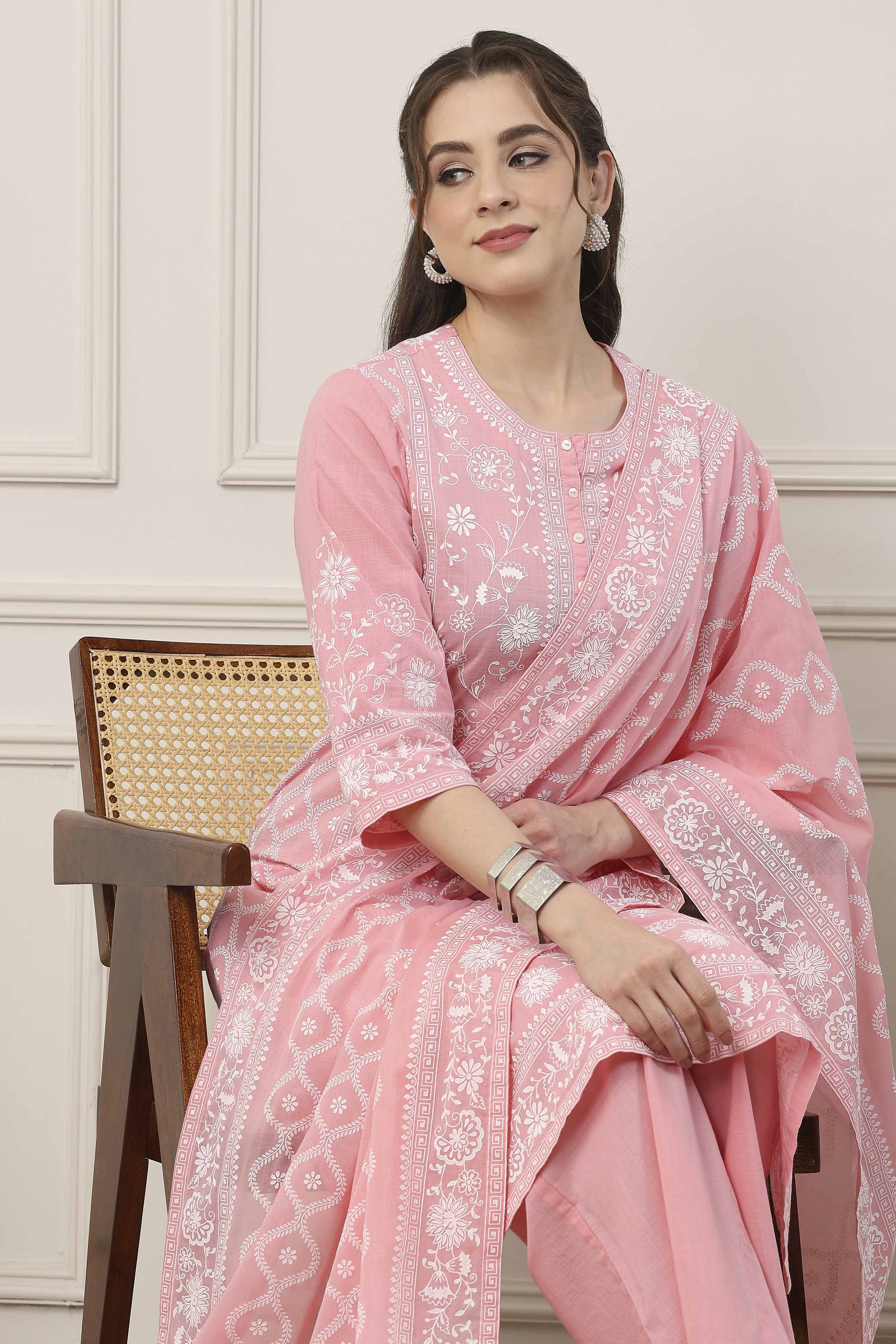 Pink & White Cotton Floral Printed Straight Suit Set image number 7