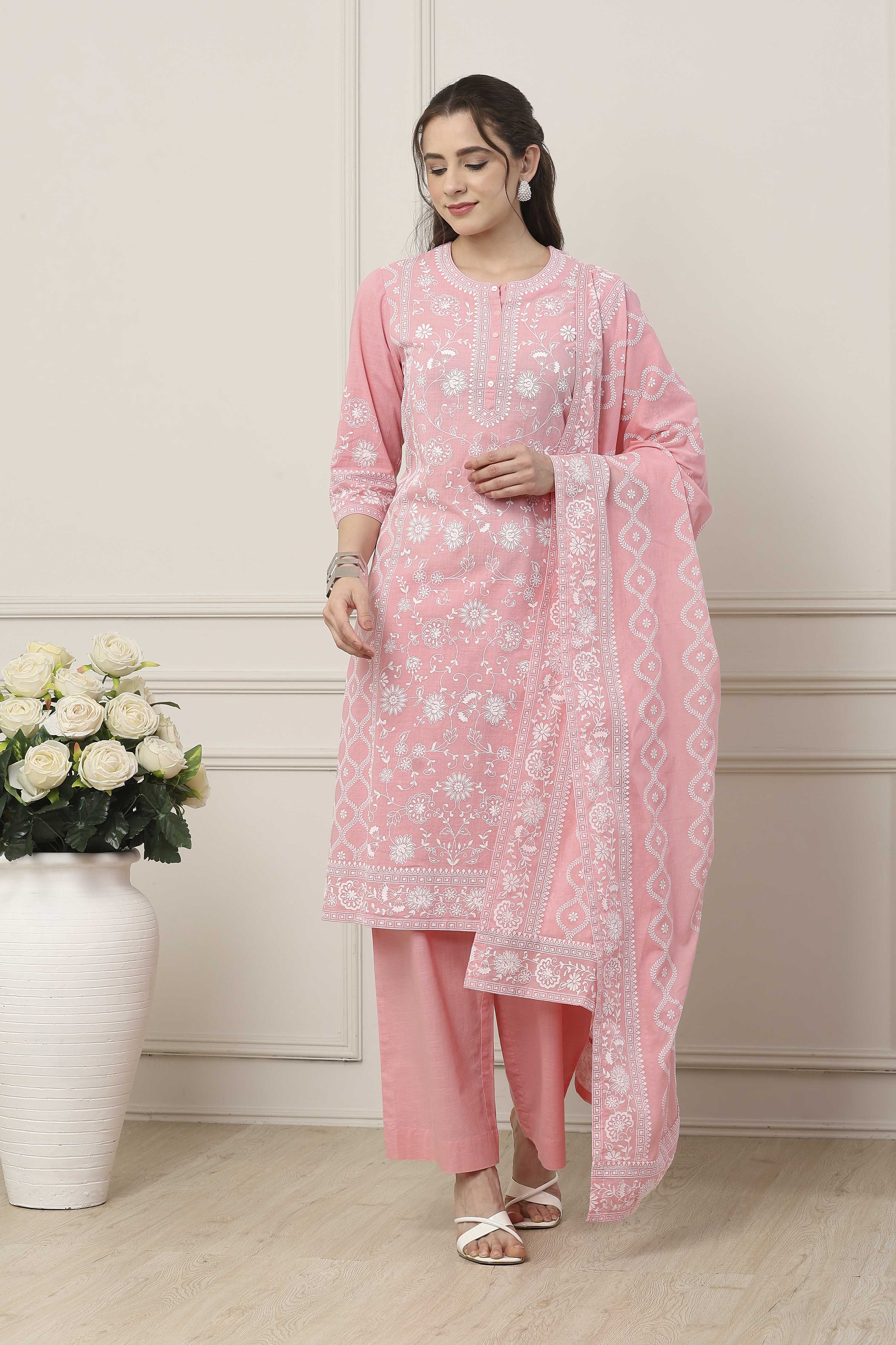 Pink & White Cotton Floral Printed Straight Suit Set image number 6
