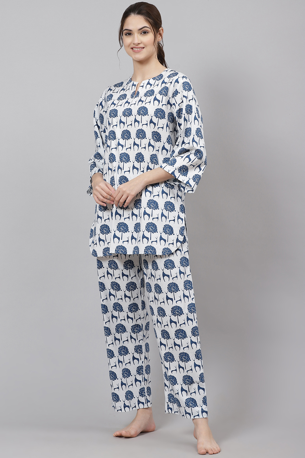 Off White Straight Cotton Three Piece Printed Sleepwear Set image number 4