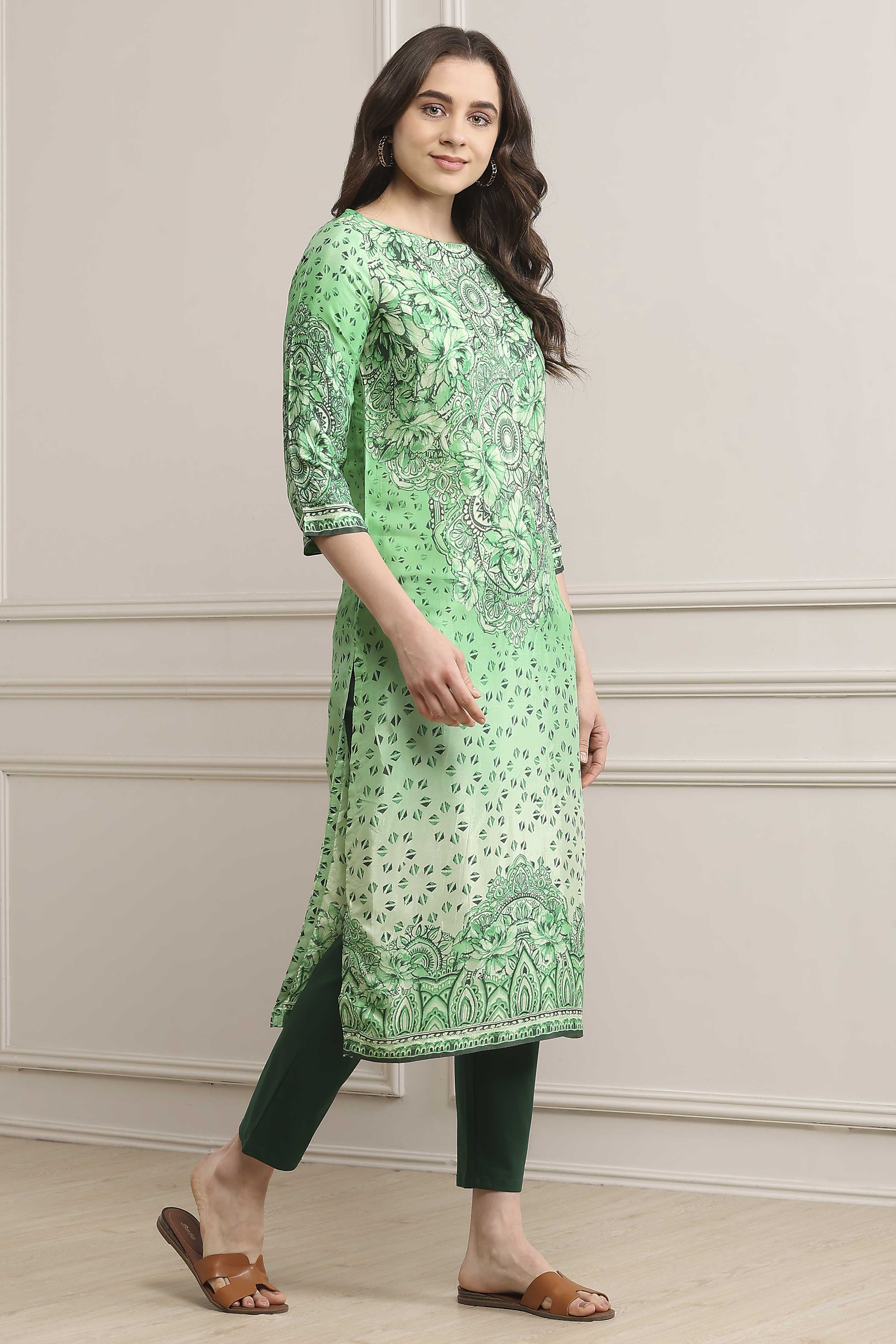 Green LIVA Straight Printed Kurta image number 4
