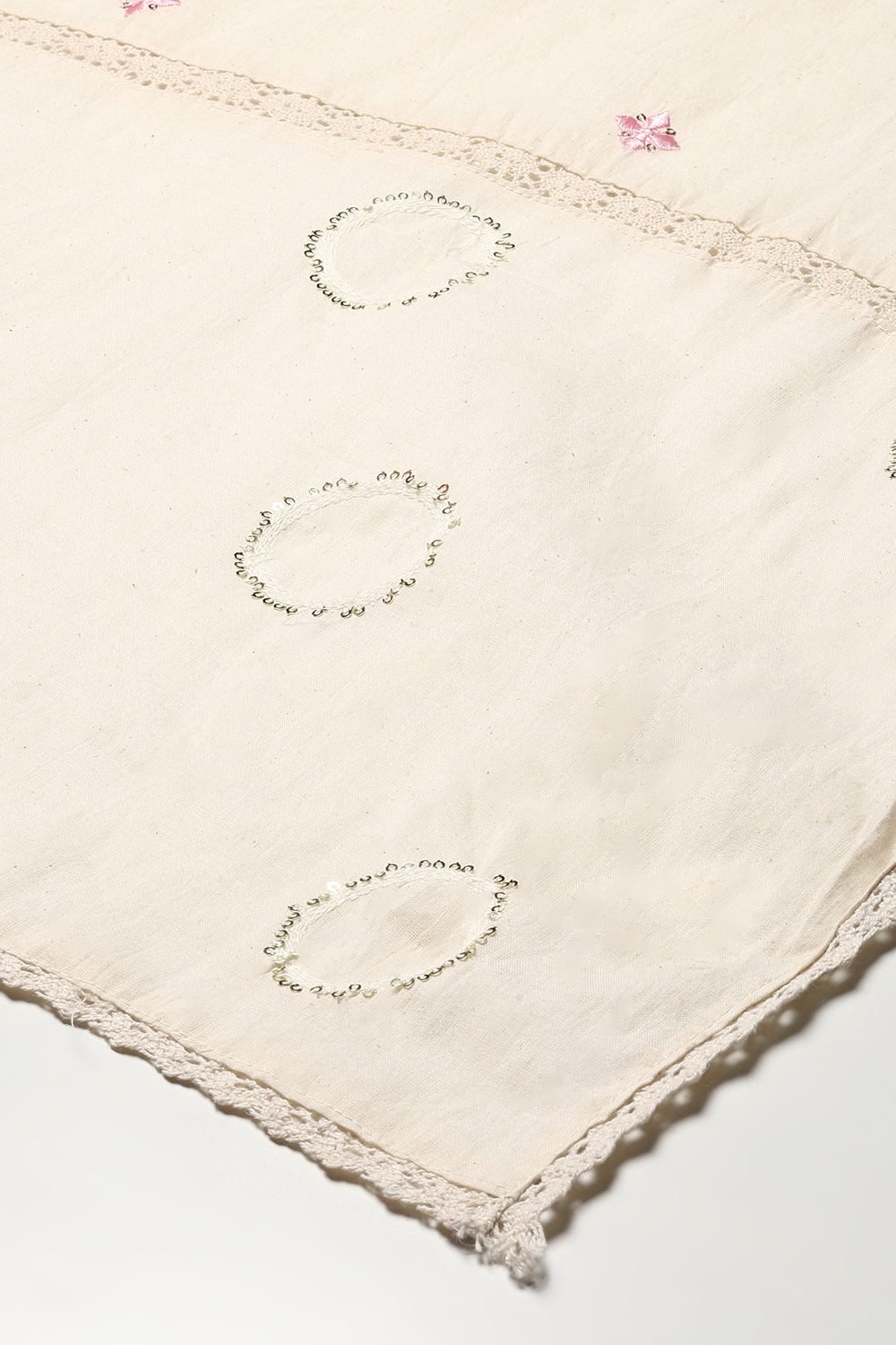 Off White Cotton Schiffly Unstitched Suit Set image number 4