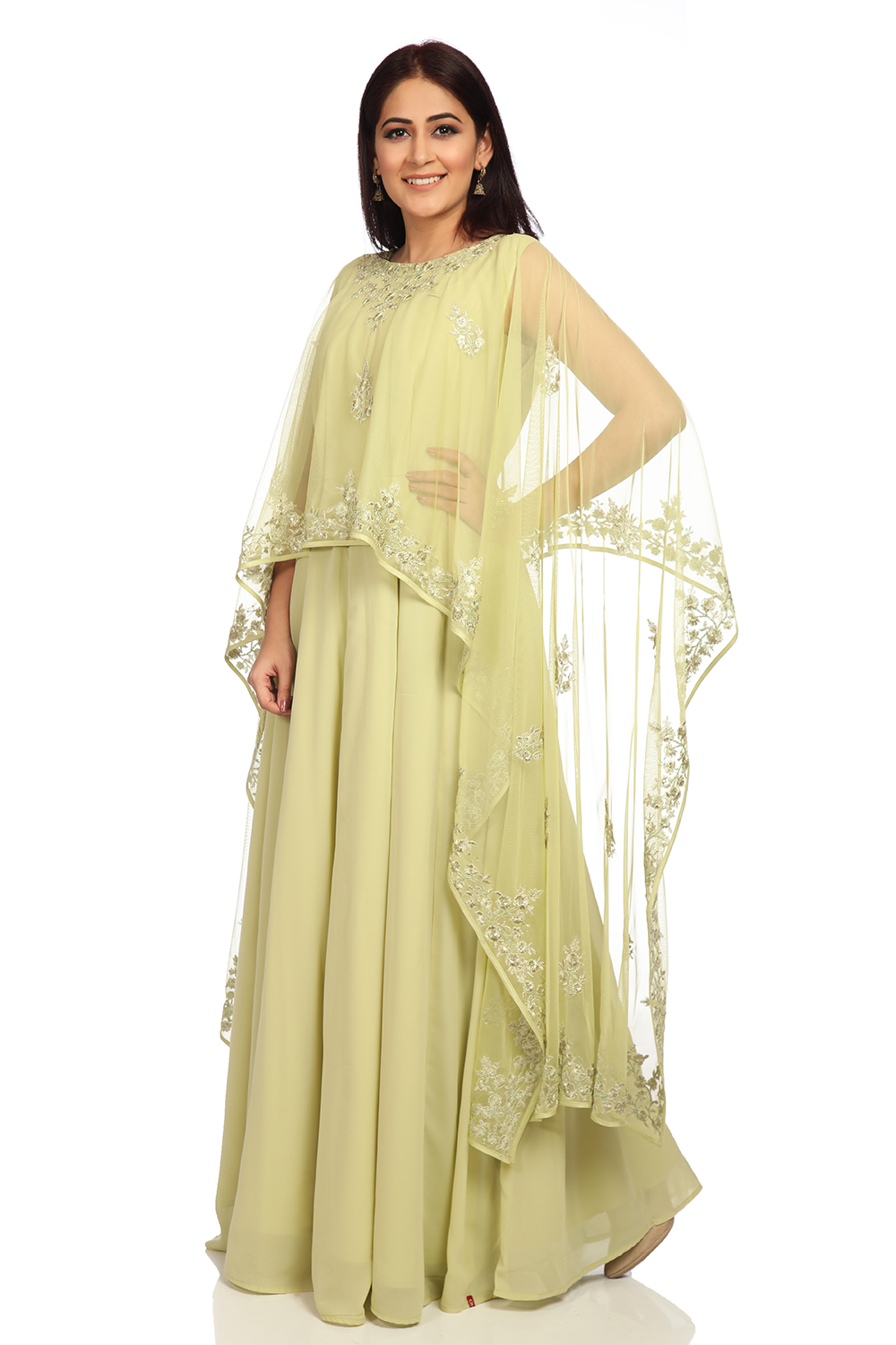 Mint Green Art Silk Cape Gown image number 0