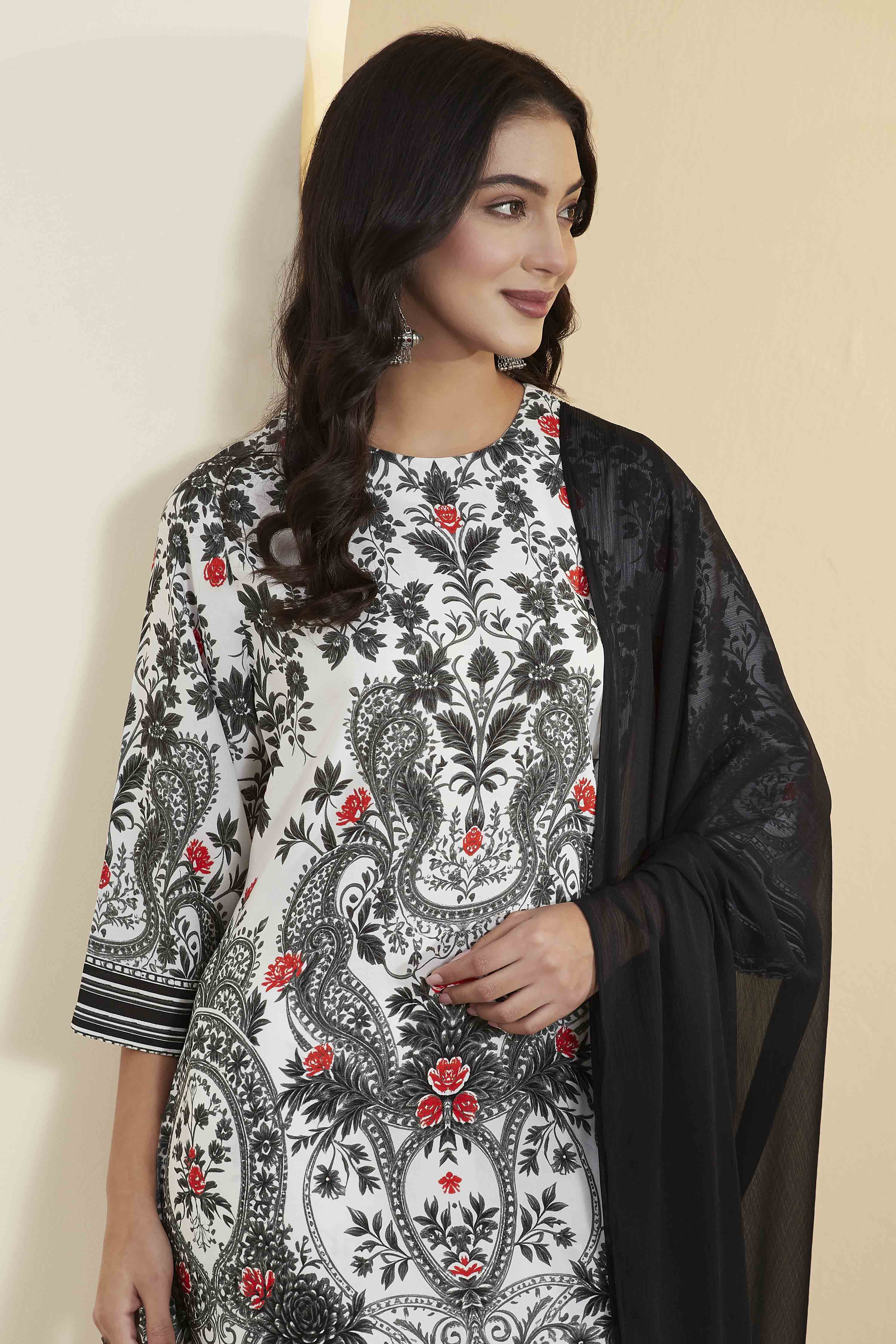 Black & White Viscose Rayon Floral Straight Kurta Set image number 1